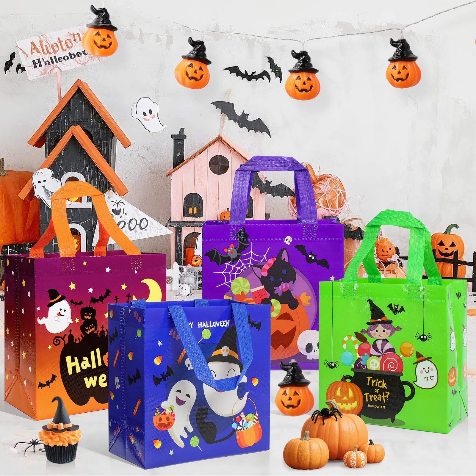 4-Pack Colorful Halloween Treat Bags with Handles – Reusable Non-Woven Gift Totes with Cute Pumpkin, Witch & Ghost Designs