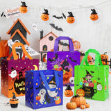 4-Pack Colorful Halloween Treat Bags with Handles – Reusable Non-Woven Gift Totes with Cute Pumpkin, Witch & Ghost Designs