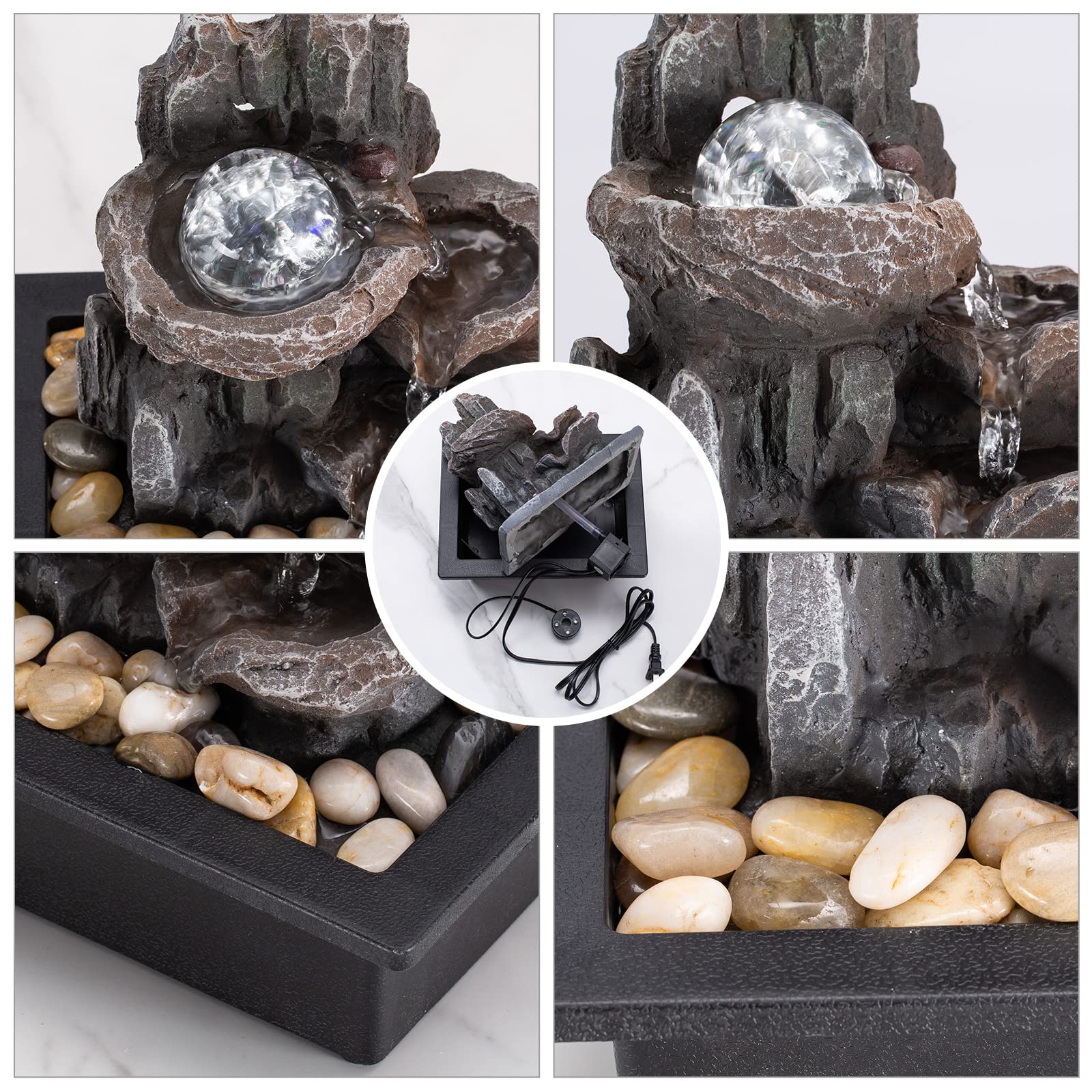 Modern Rock Zen Tabletop Fountain with LED Crystal Ball – Multi-Layer Resin Indoor Water Feature