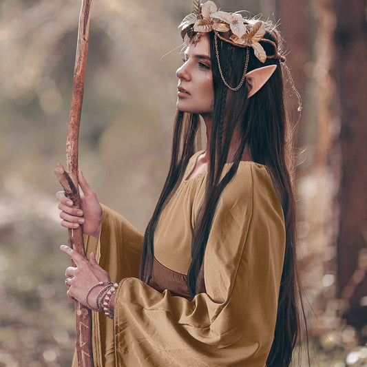 Women’s Medieval Renaissance Corset Dress Set – Khaki & Dark Khaki Elven Archer Costume with Long Ears 🏹✨