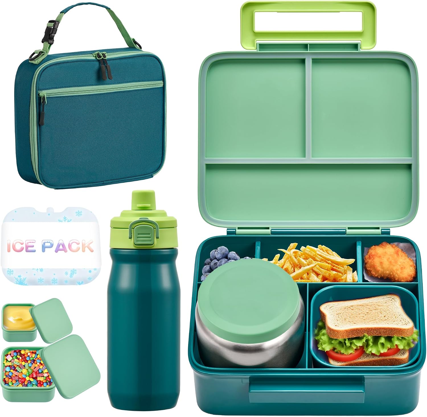 Kids 5-Compartment Bento Lunch Set with 8 oz Food Jar, 17 oz Insulated Bottle and Lunch Bag