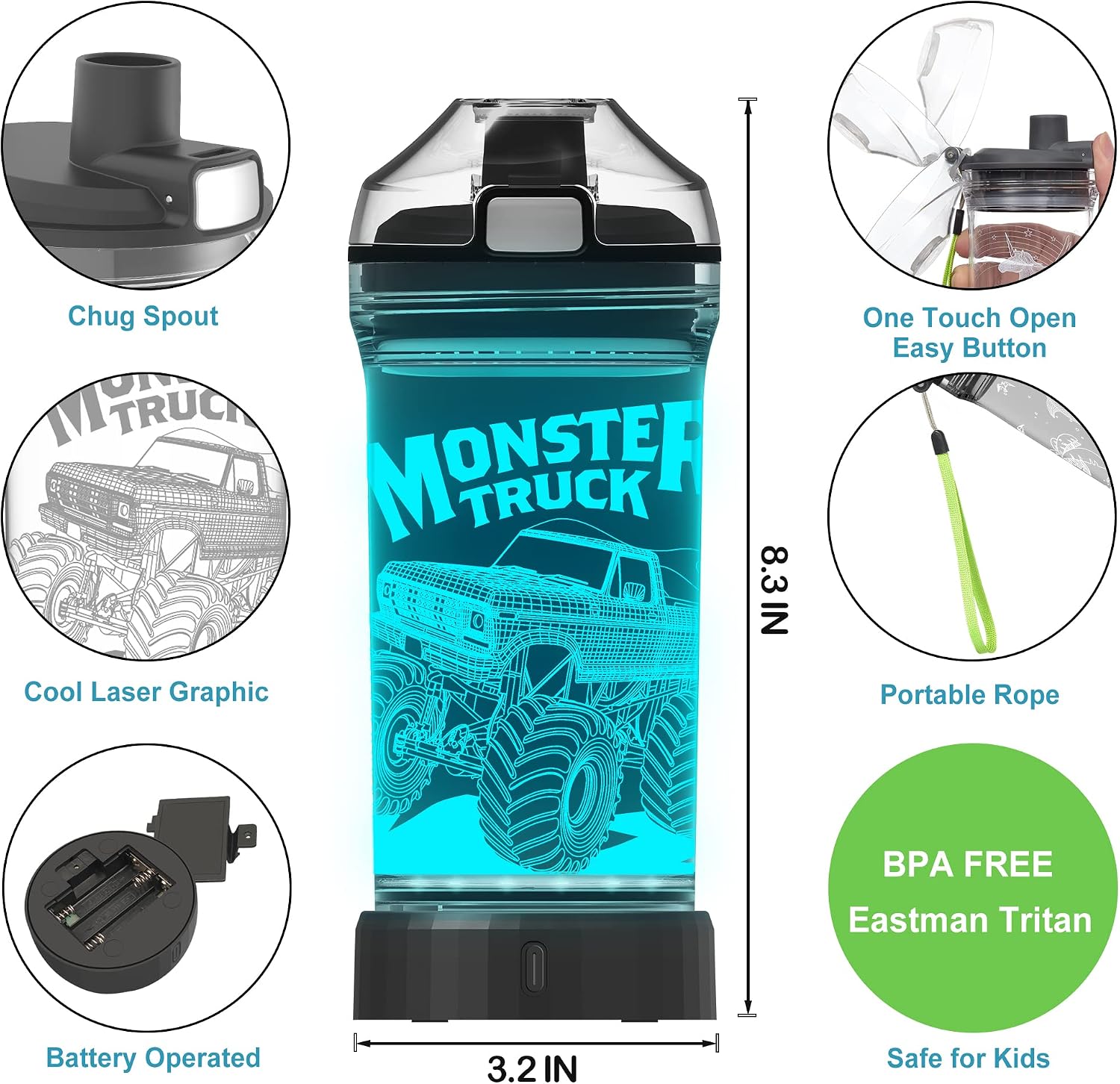 14 oz Kids Monster Truck Light-Up Water Bottle with Leakproof Lid and Carry Strap