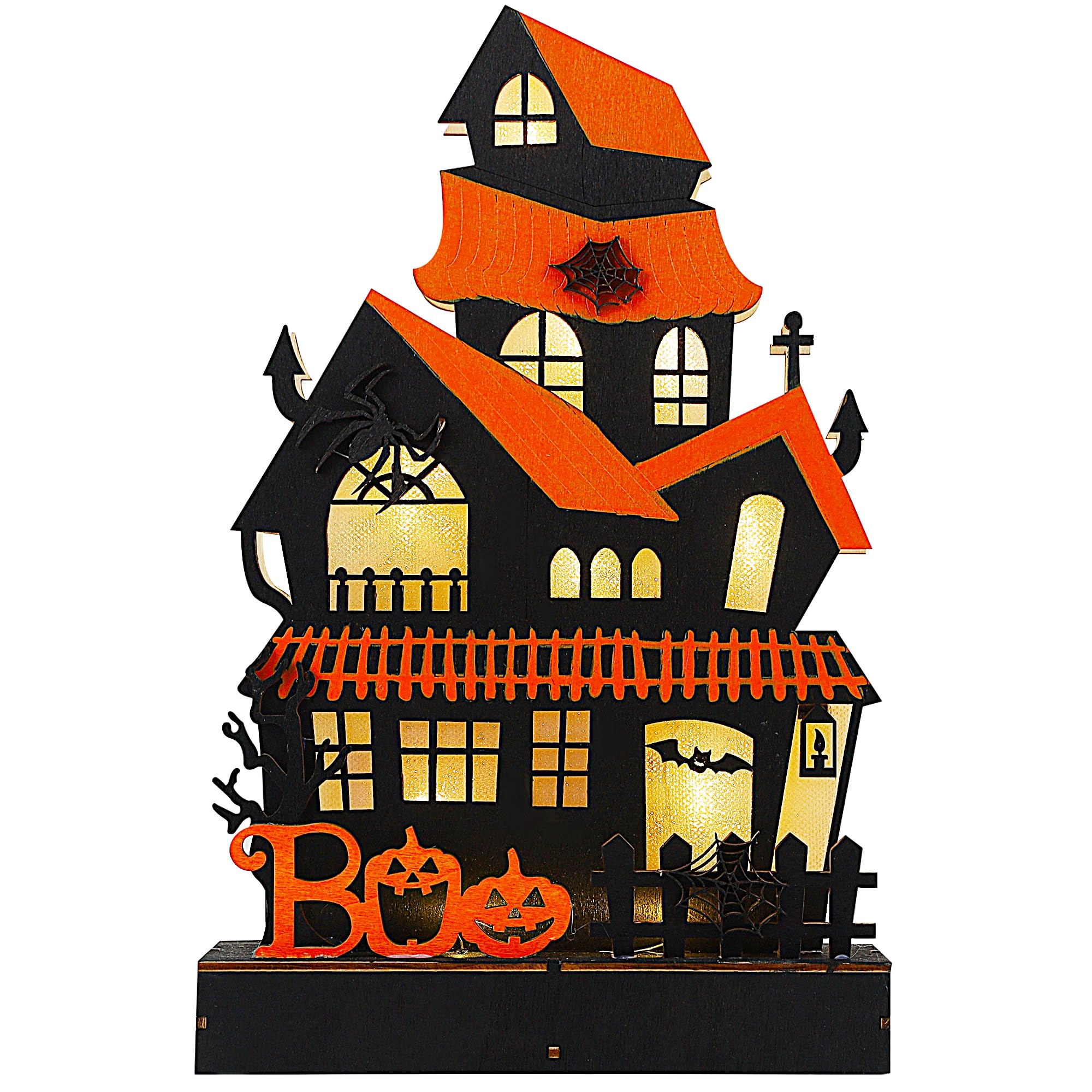 Lulu Home Lighted Wooden Halloween House – Tabletop Boo Villa with LED Lights & Classic Spooky Design (Orange, 10.6x6.7 in)