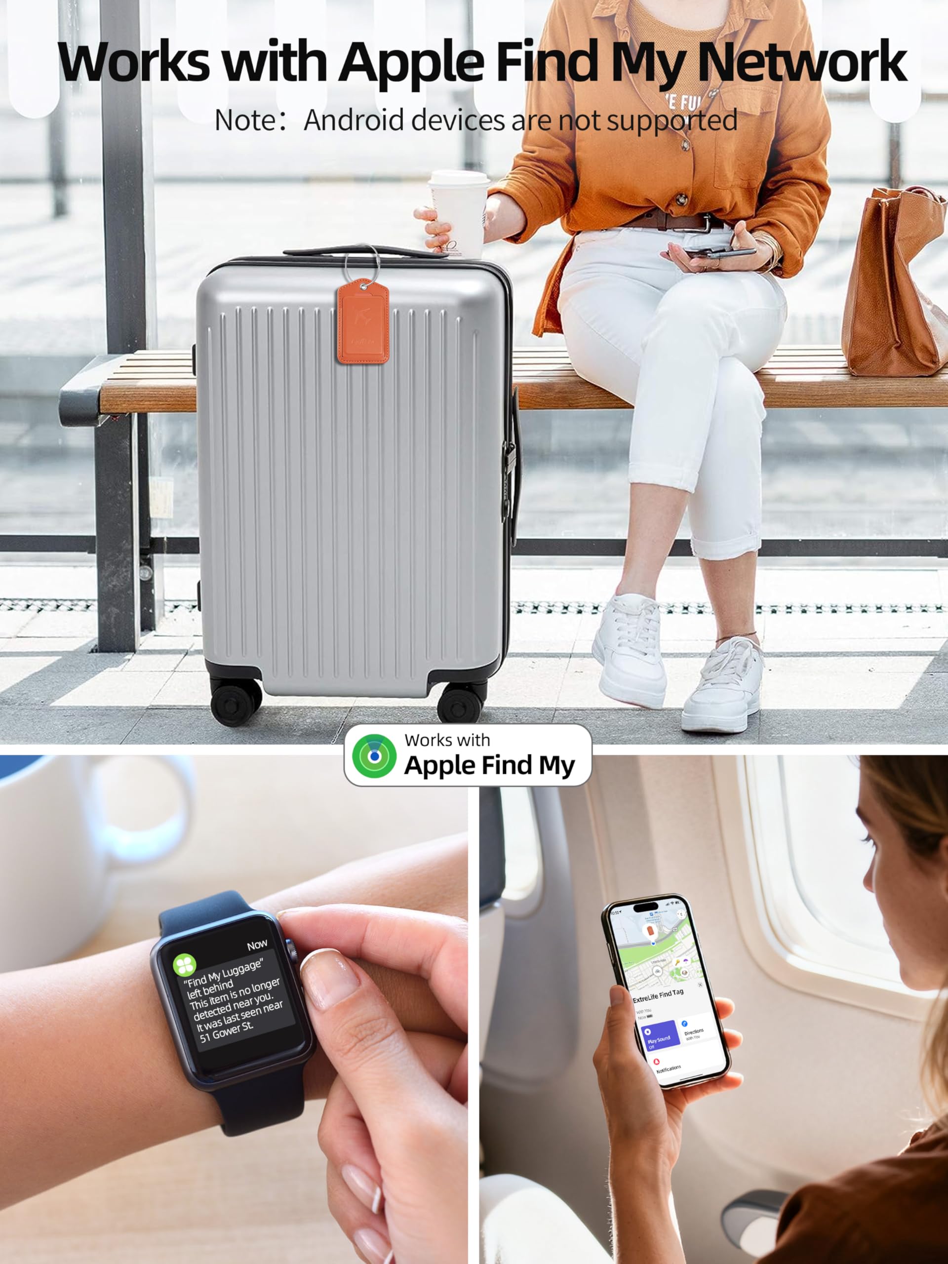 Smart Luggage Tag with Apple Find My – Rechargeable Leather Suitcase Tag with Privacy Flap (Orange)