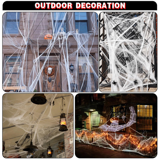 Halloween Spider Web & Creepy Cloth Decoration Set – 1500 Sqft Stretchy Web with 100 Spiders & 2 Black Cloths for Indoor/Outdoor Haunted Décor