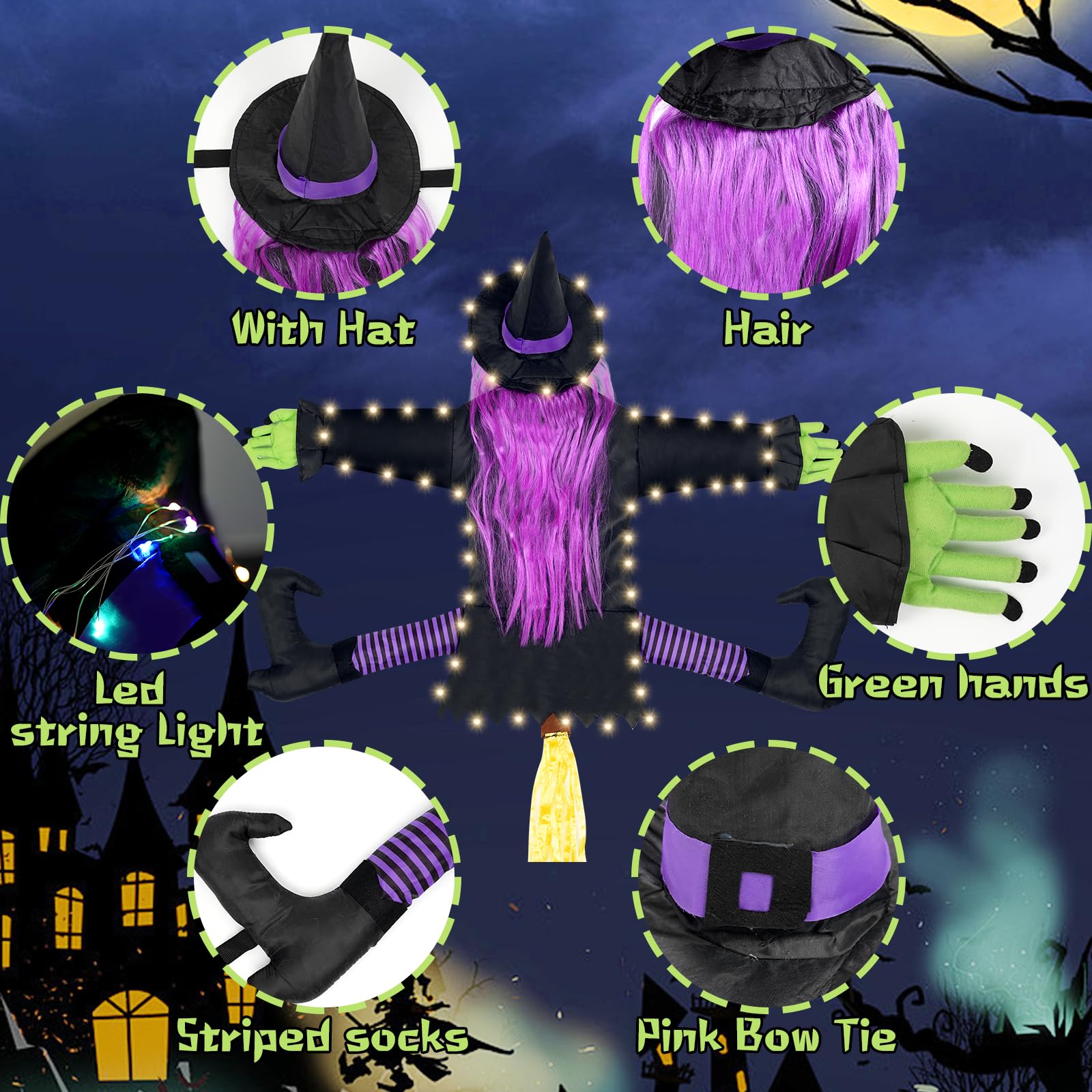 N&T NIETING 47" Witch Crashing Into Tree Door Column Outdoor Halloween Decoration, Funny Halloween Witch Ornaments Decor(Purple)