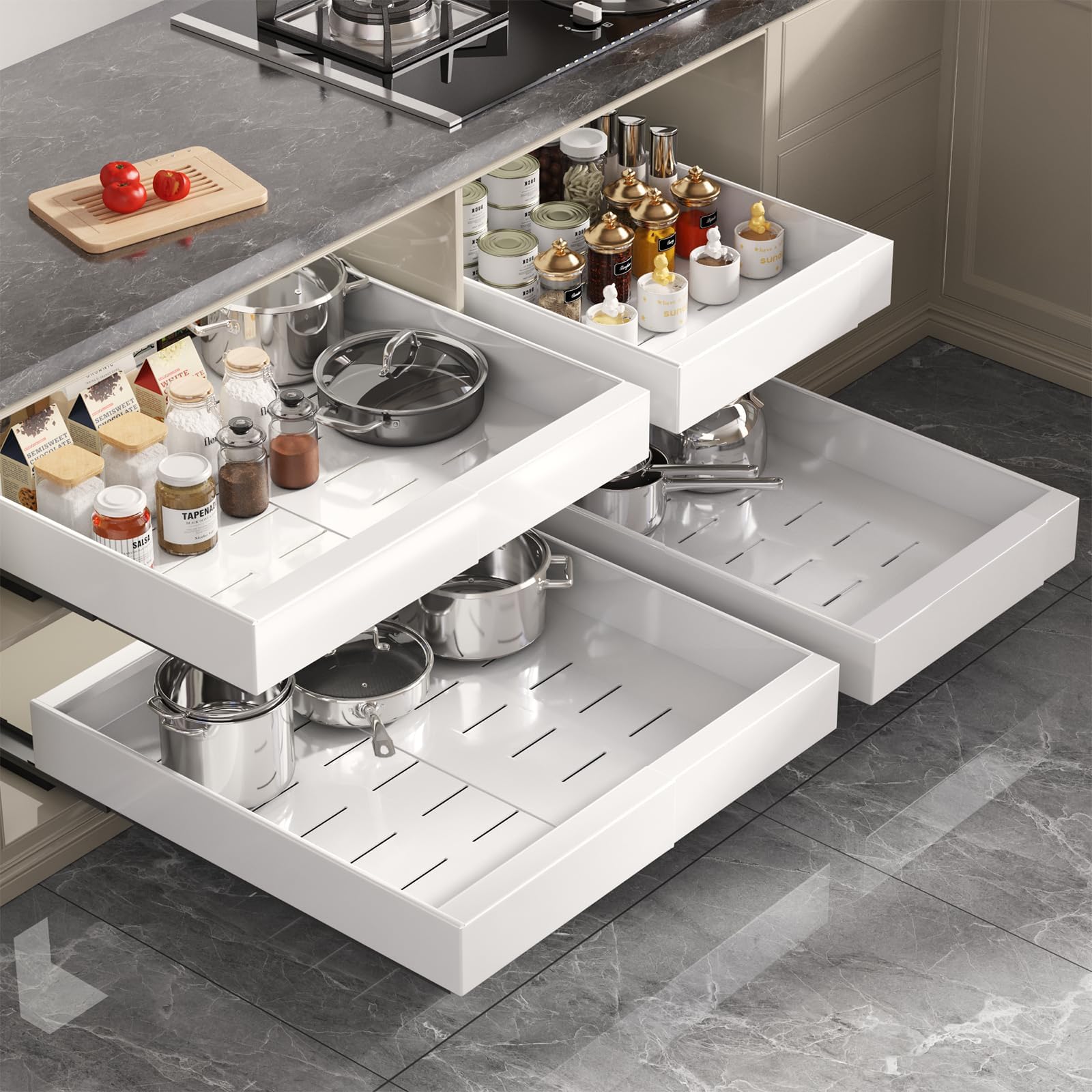 Full-Extension Pull-Out Cabinet Organizer – 22” Deep Adjustable Slide-Out Drawer with 3 Rails (White, 2-Pack)