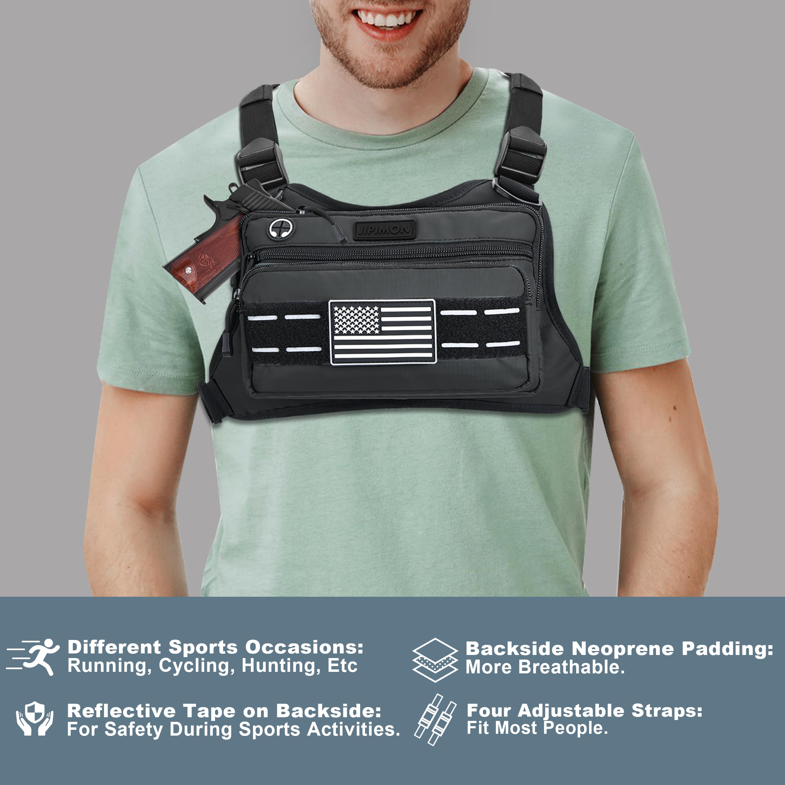 JIPIMON Waterproof Sports Chest Bag – Reflective MOLLE Chest Pack for Running, Cycling & Outdoor Activities (Black)