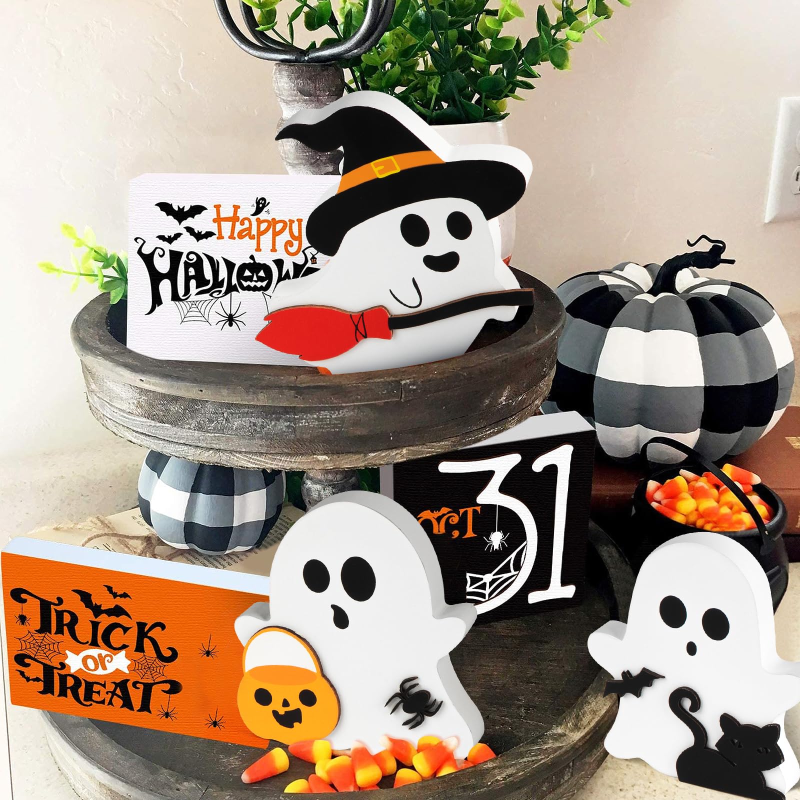 Cute Wooden Halloween Tiered Tray Decorations – 3-Piece Ghost, Pumpkin & Cat Table Decor Set