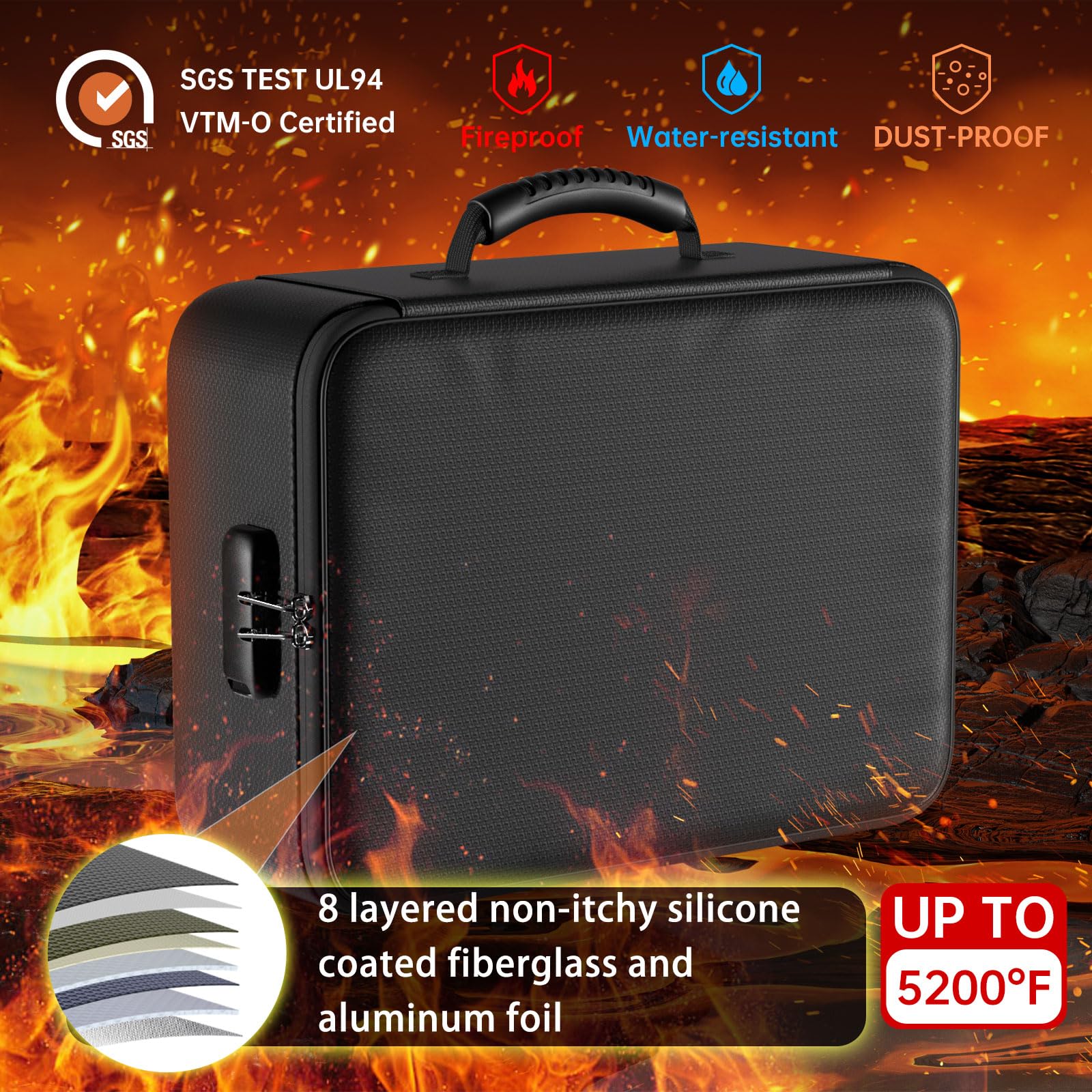 DocSafe 5200°F Fireproof Document Organizer with Lock – Portable Water-Resistant File Storage Box for Home & Travel (Black)