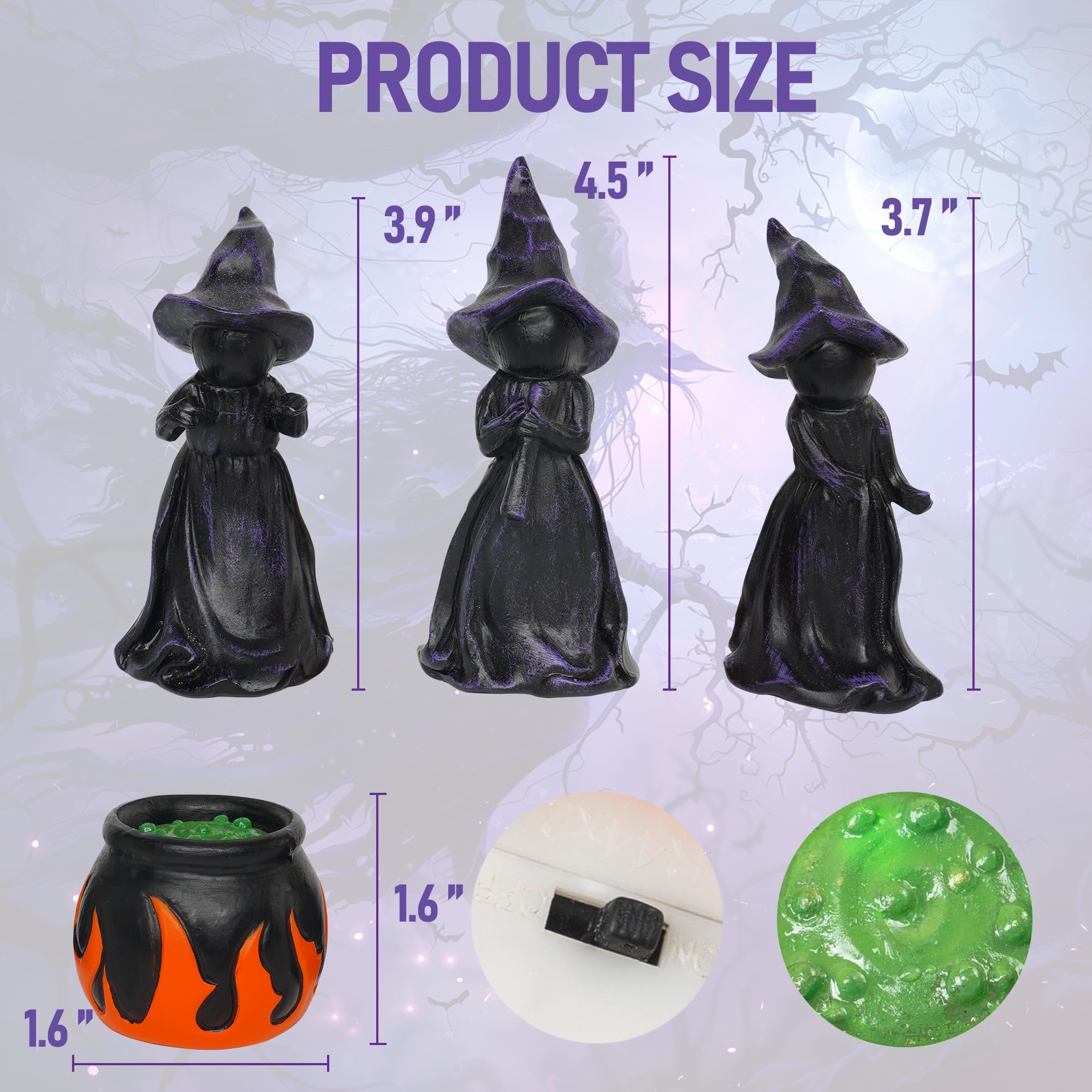 NEROSUN Lighted Witches’ Cauldron Figurines – 4-Piece LED Halloween Table & Mantel Decorations (Green Glow) 🧙‍♀️✨