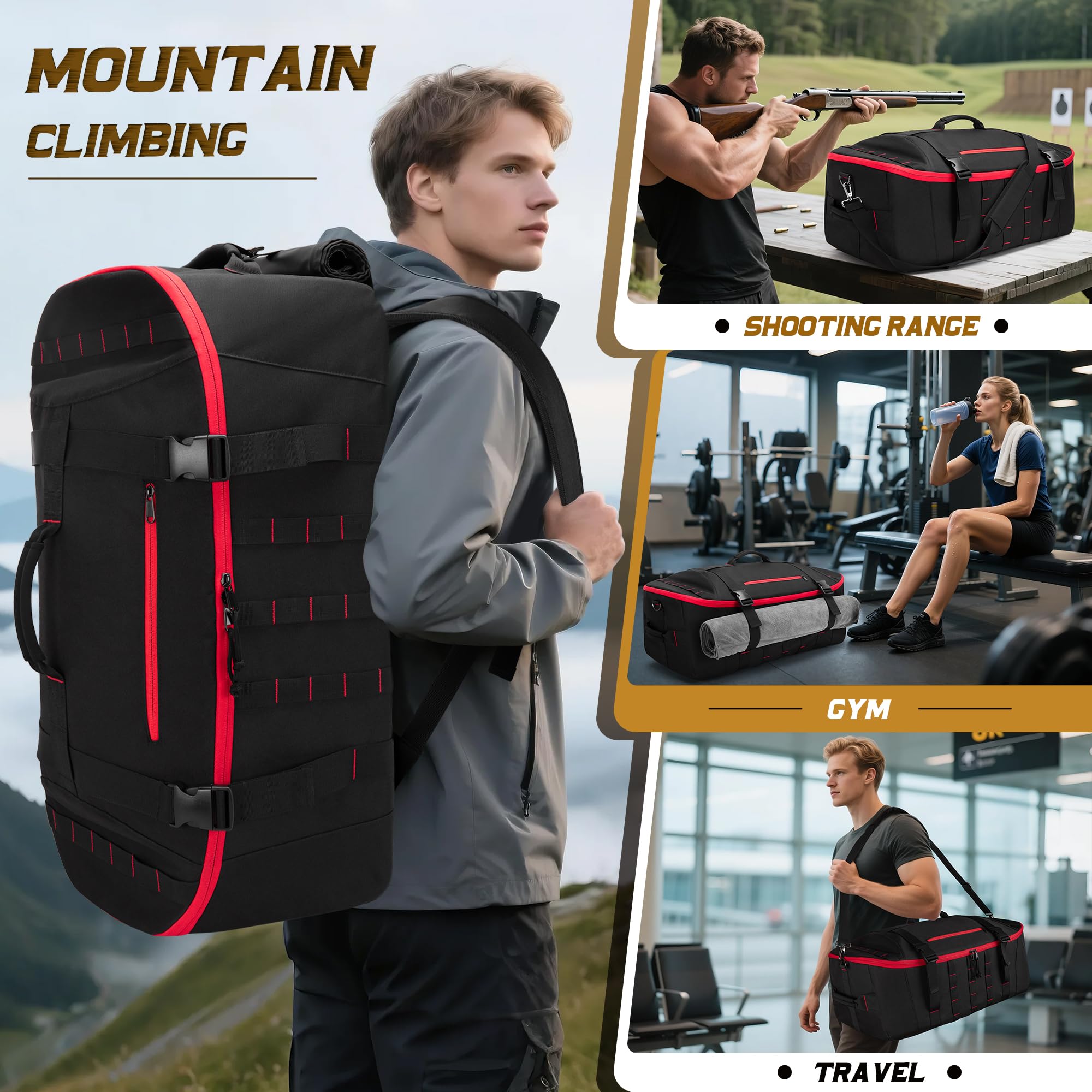 65L Tactical Duffle Backpack – Heavy-Duty Water-Resistant Gym & Travel Bag with Wet Pocket and Dividers (Black)