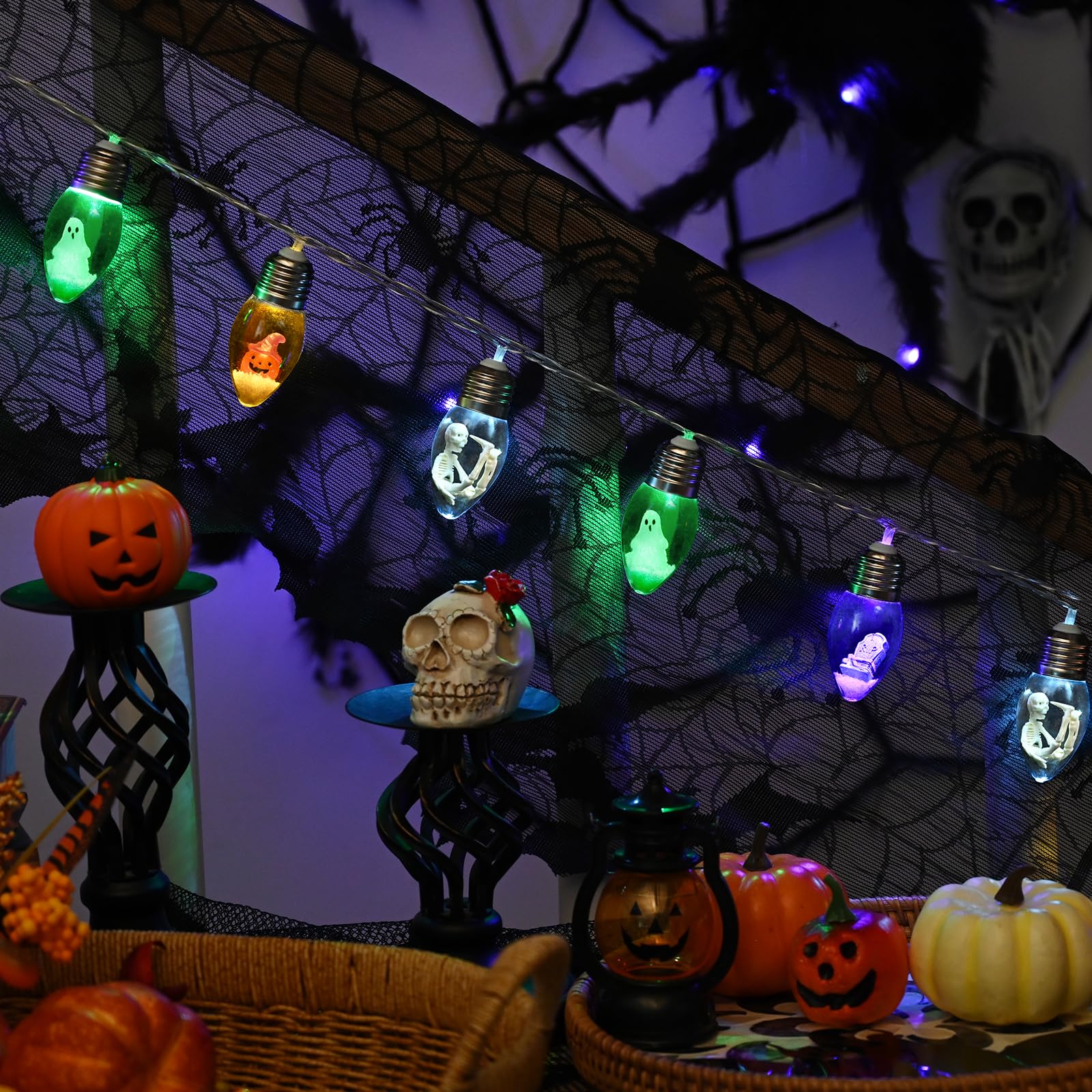 Colorful Halloween String Lights – 2 Pack 16.4FT Battery Operated LED Lights with Pumpkins, Skulls & Tombstones (8 Modes + Remote Control)