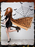 Orange Witch Lace Hooded Cape – Gothic Bat Pattern Halloween Cloak for Women