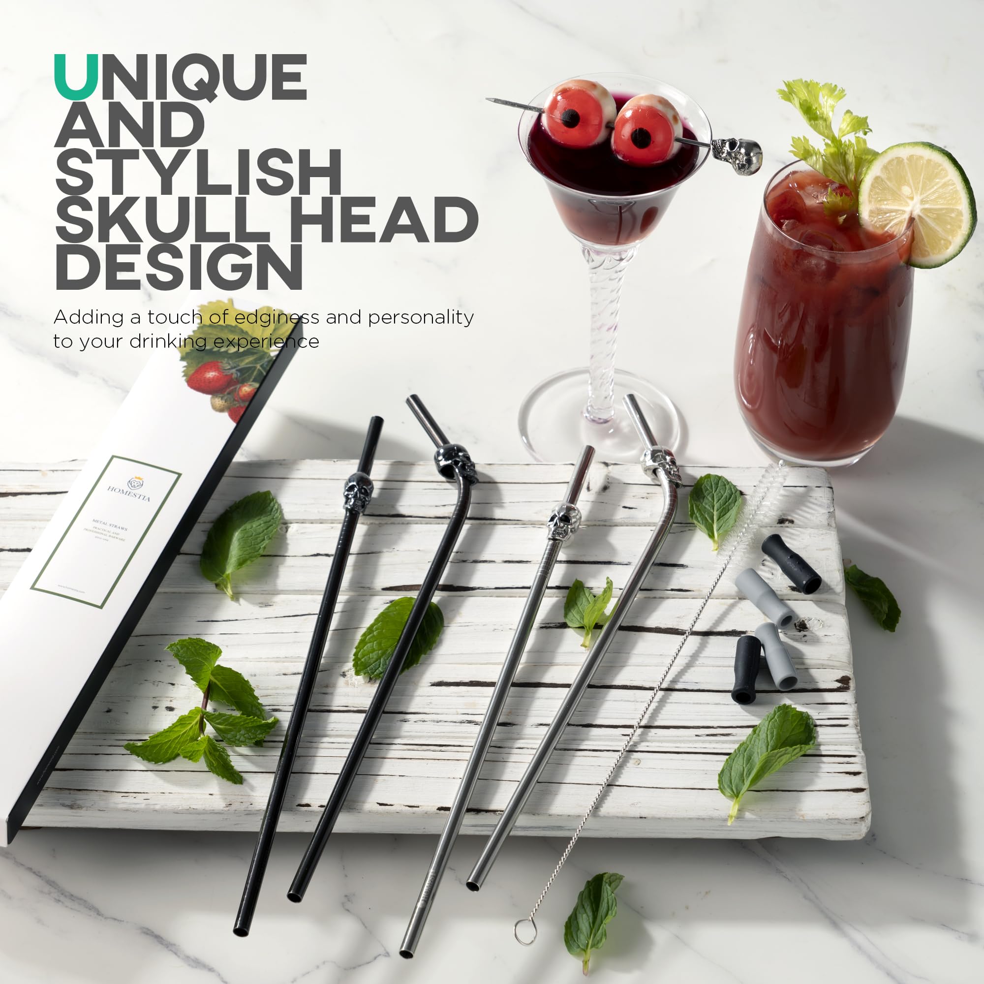 Stainless Steel Skull Straw Set – 10.5” Reusable Silver Black Straws (4PCS + Cleaning Brush + Carry Bag)