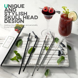 Stainless Steel Skull Straw Set – 10.5” Reusable Silver Black Straws (4PCS + Cleaning Brush + Carry Bag)