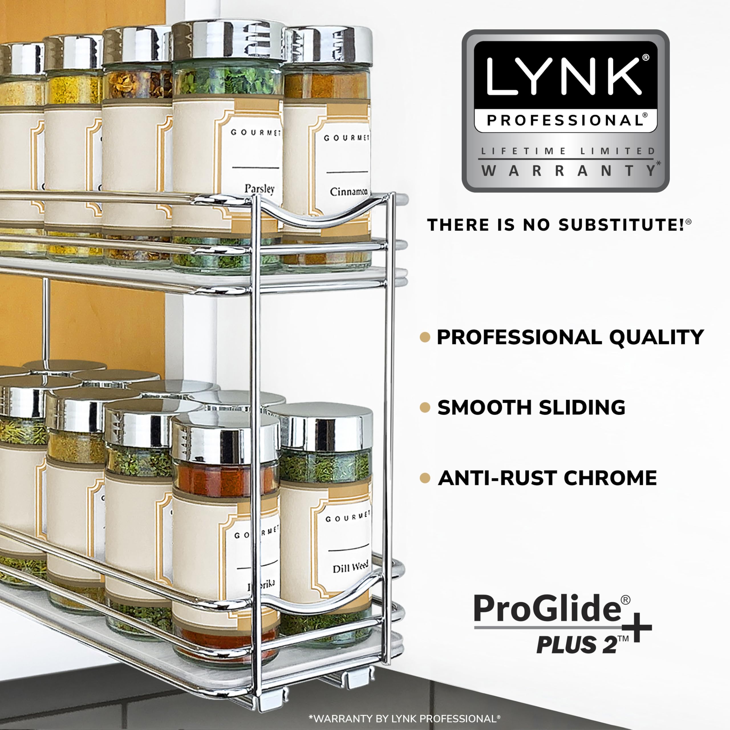 Lynk Professional Pull-Out Spice Rack Organizer – Slim 2-Tier Chrome Slide-Out Cabinet Drawer