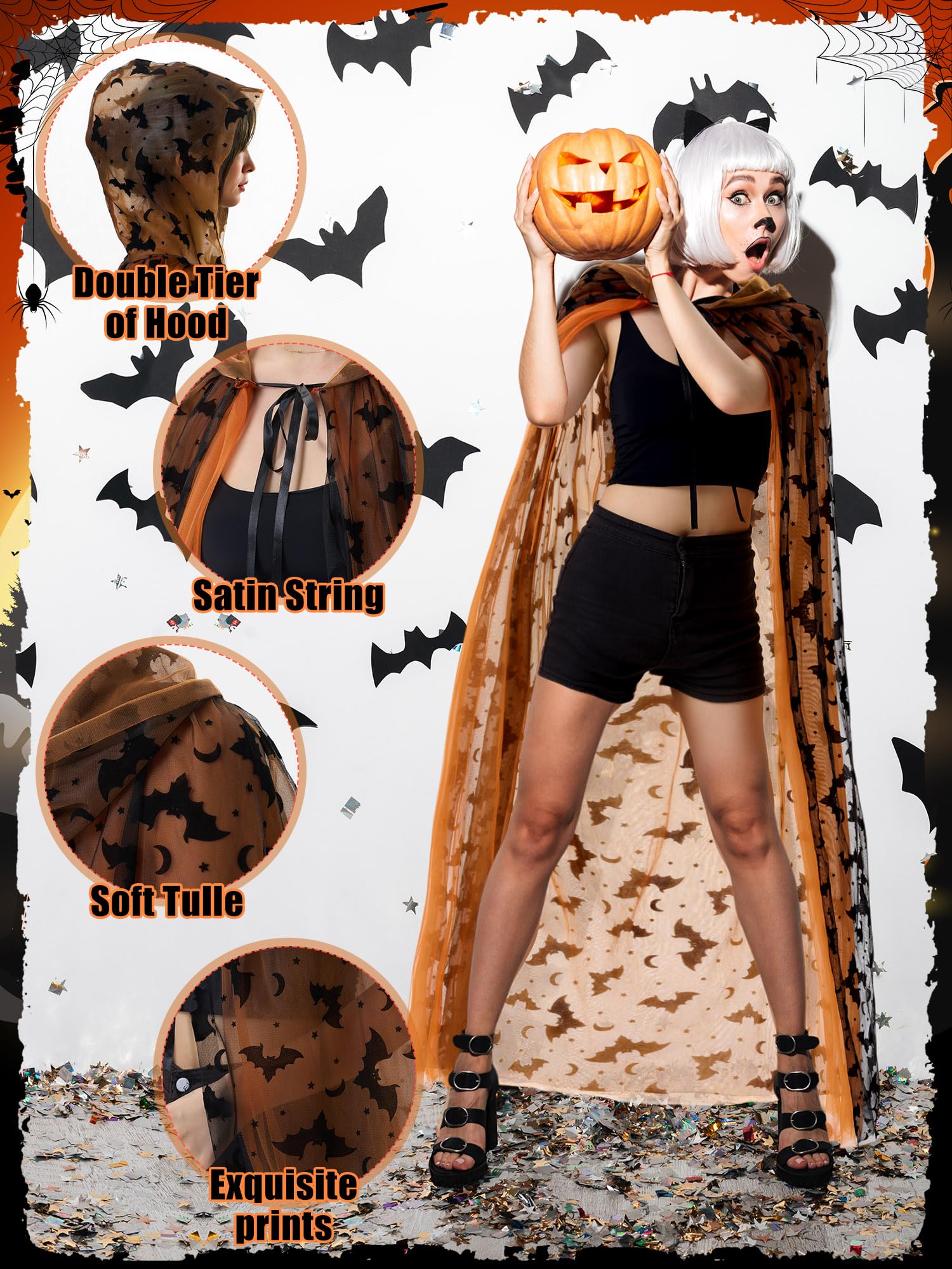 Orange Witch Lace Hooded Cape – Gothic Bat Pattern Halloween Cloak for Women