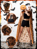 Orange Witch Lace Hooded Cape – Gothic Bat Pattern Halloween Cloak for Women