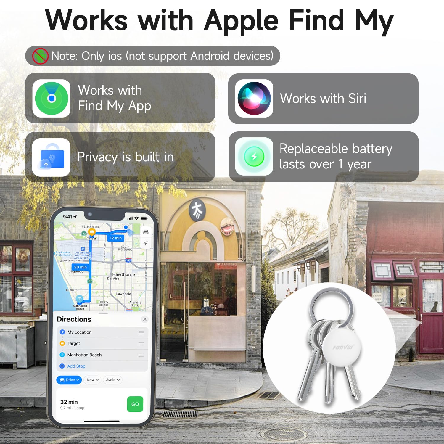 FONVOi Bluetooth Tracker Tag 4 Pack, Apple Find My Compatible Smart Item Locator with Loud Alarm and Replaceable Battery