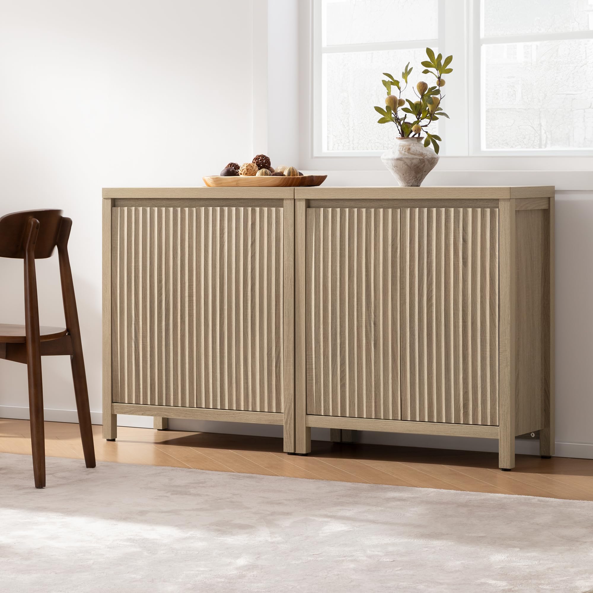 Sicotas Sideboard Buffet Cabinet with Storage – Fluted Credenza Console with Adjustable Shelves, Reclaimed Light Oak (2-Piece Set)