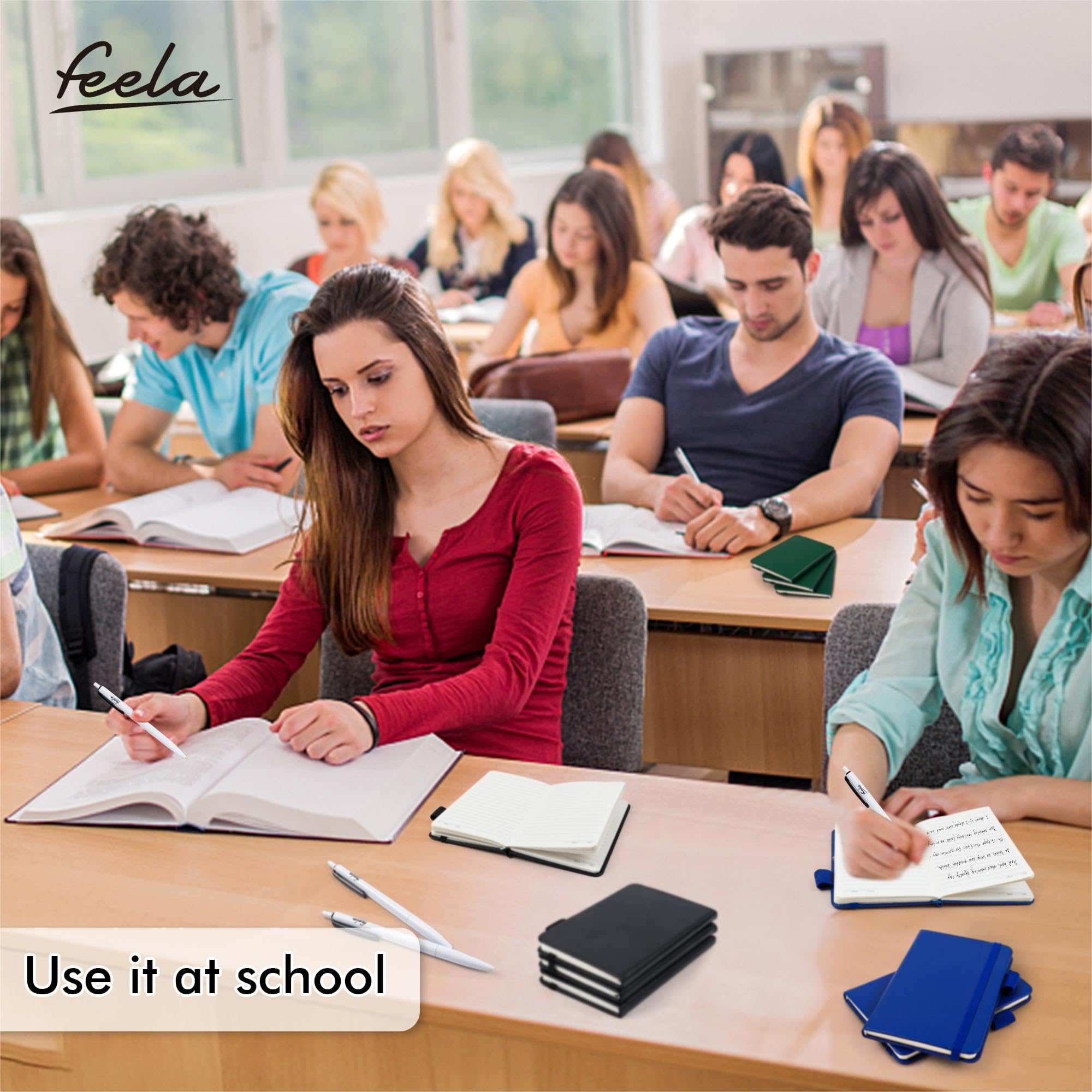 Feela A6 College Ruled Notebook Set – 15 Pocket Journals with 15 Black Retractable Pens (Black, Navy & Dark Green)