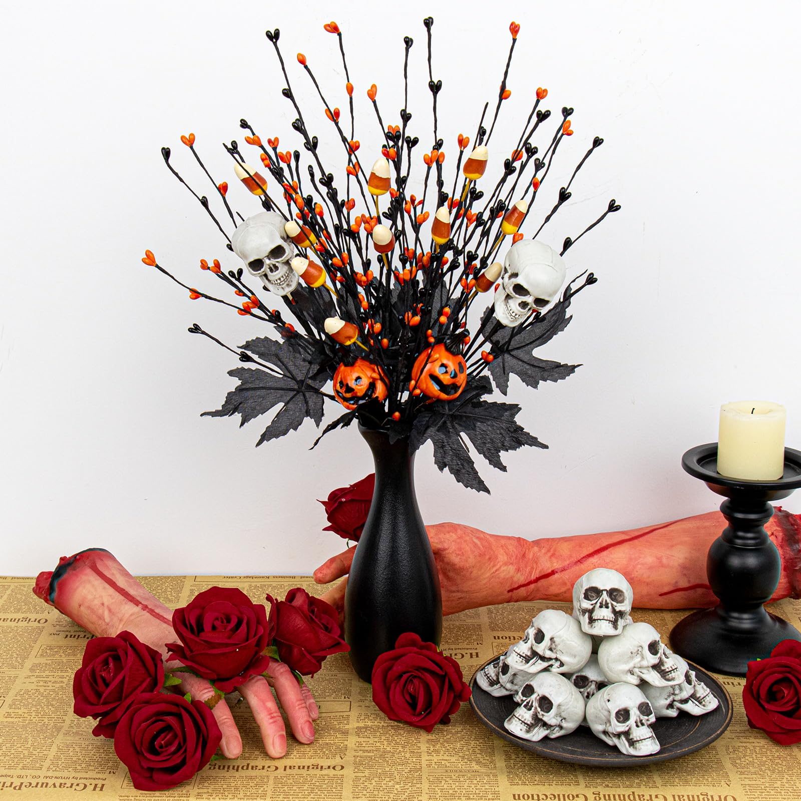 Halloween Black Maple & Candy Stem Branch Set – 10 Pack (17-Inch Spooky Mix)