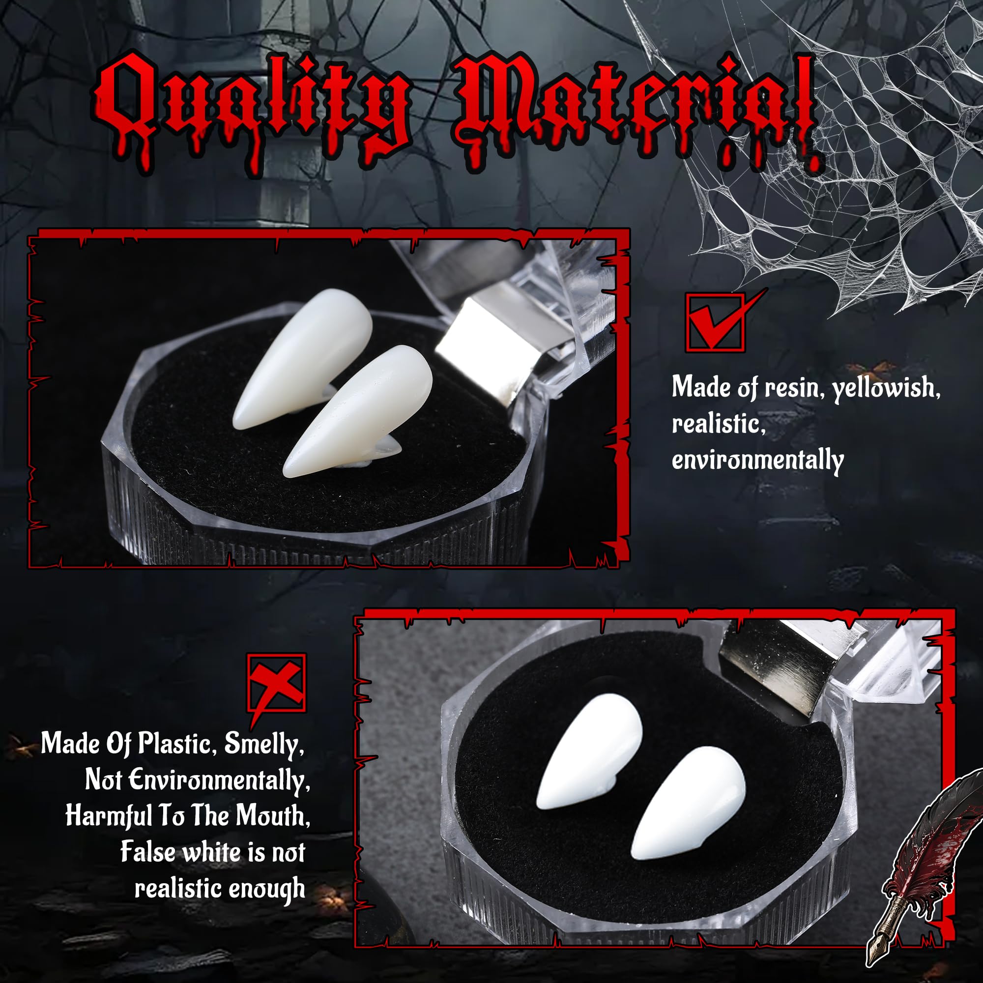 Vampire Fangs Set with Coffin Box – 4 Sizes Realistic White Fake Teeth with Adhesive (13mm–19mm)
