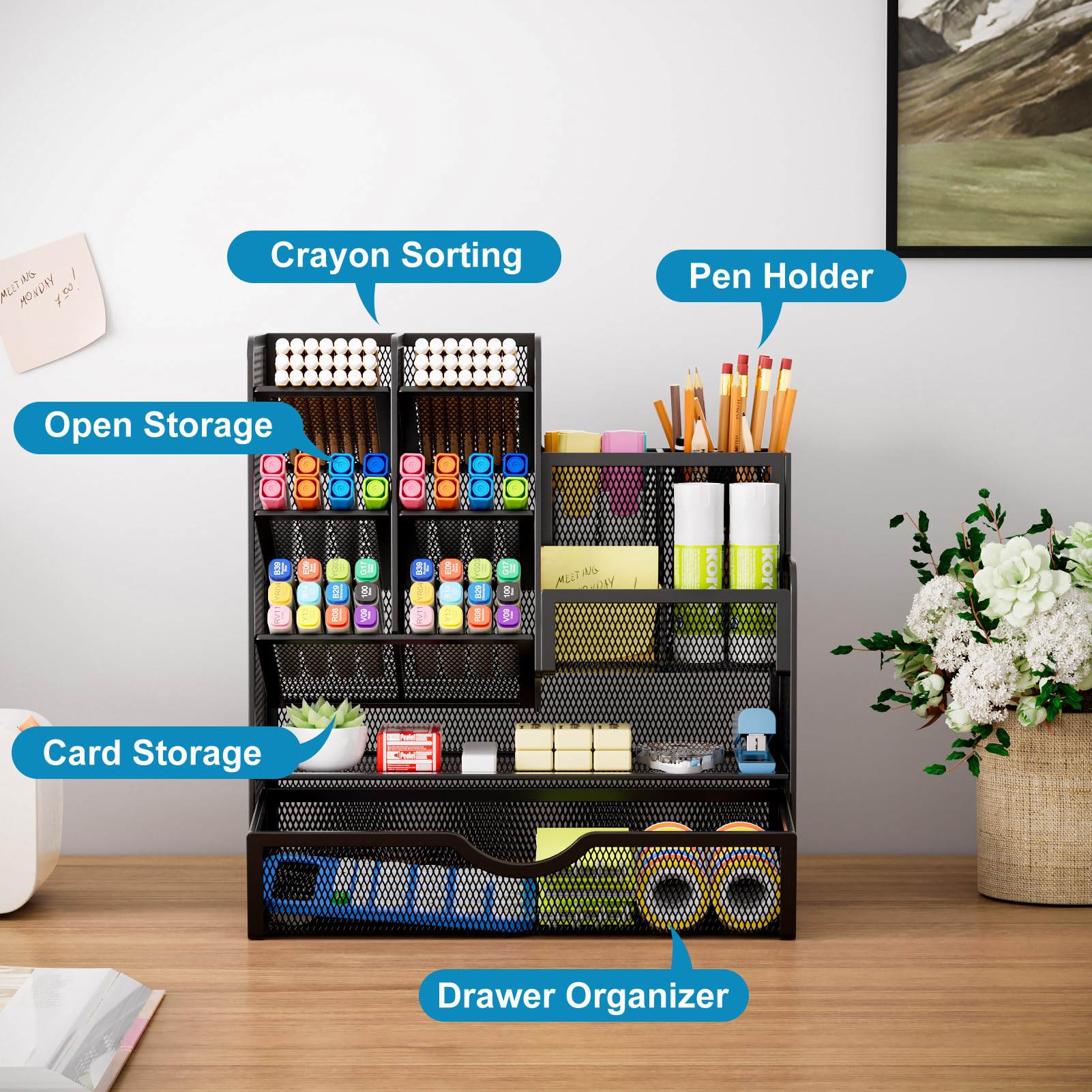 Marbrasse Mesh Desk Organizer with Drawer Multi-Compartment Pen Holder Office Supplies Storage Caddy Black