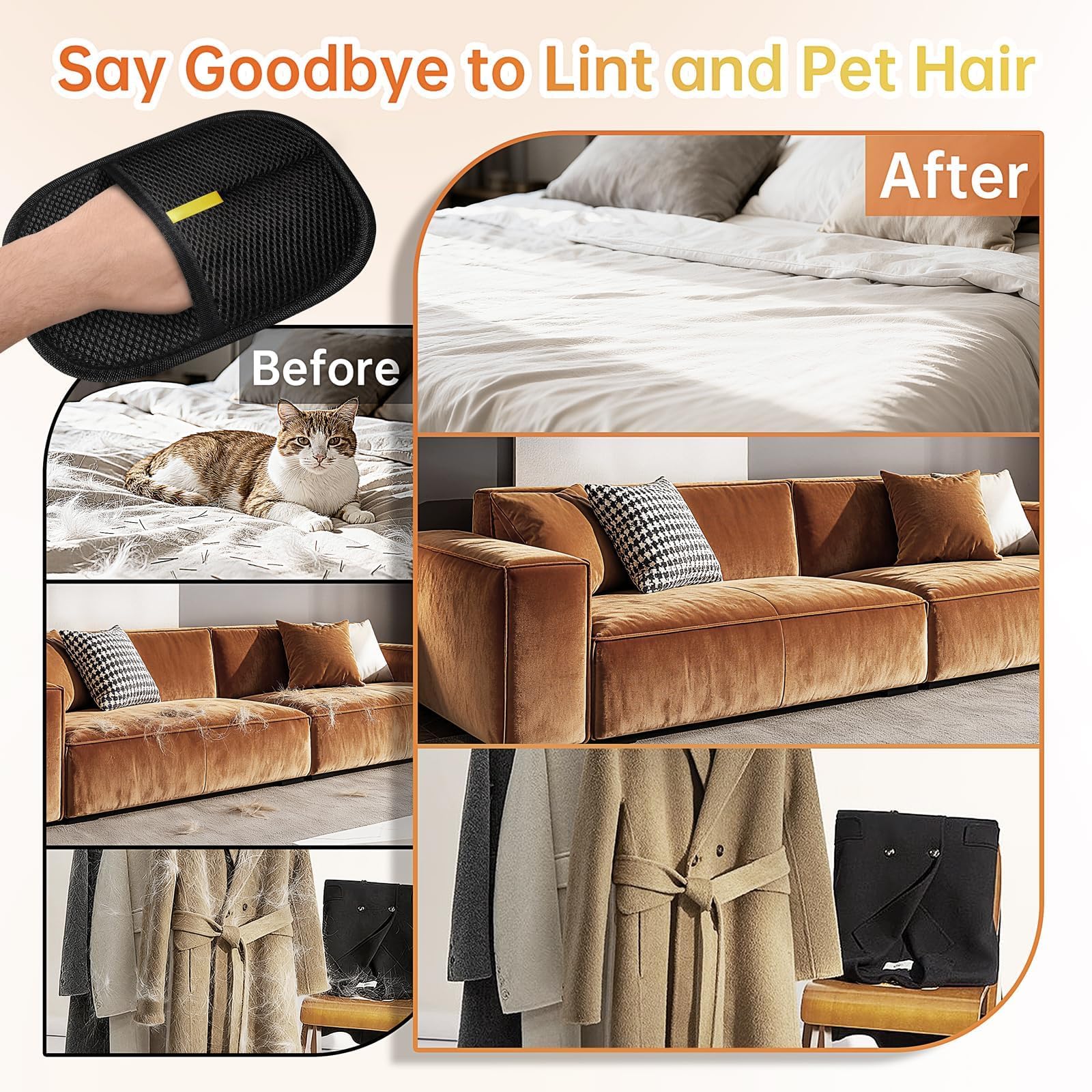 Electrostatic Pet Hair Remover Glove – Reusable Anti-Static Fur Removal Mitt for Furniture, Carpets, Bedding & Car Interiors (Black, 1-Pack)
