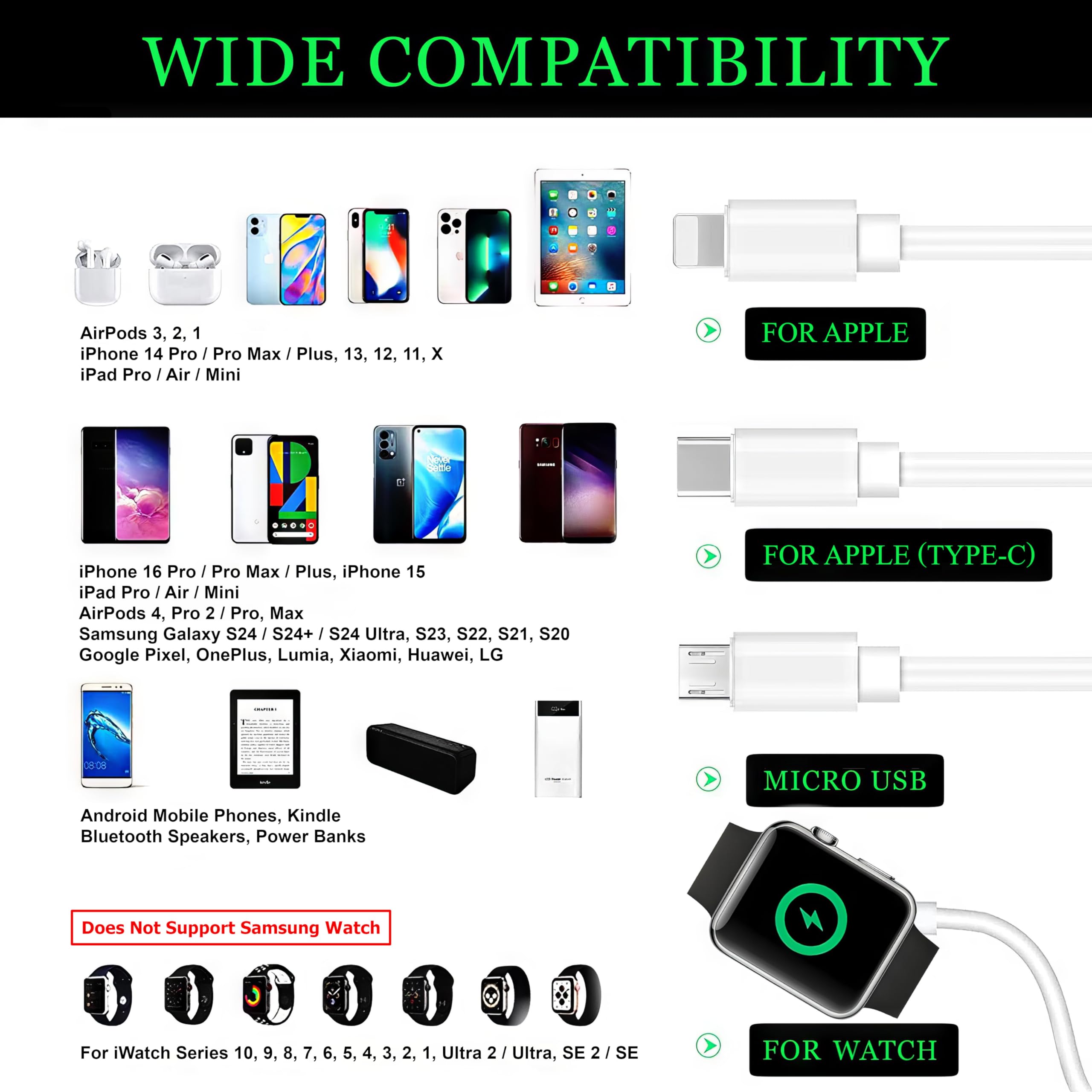 4-in-1 Multi Charging Cable for Apple Watch & iPhone – Universal Travel Charger Cord (4FT)