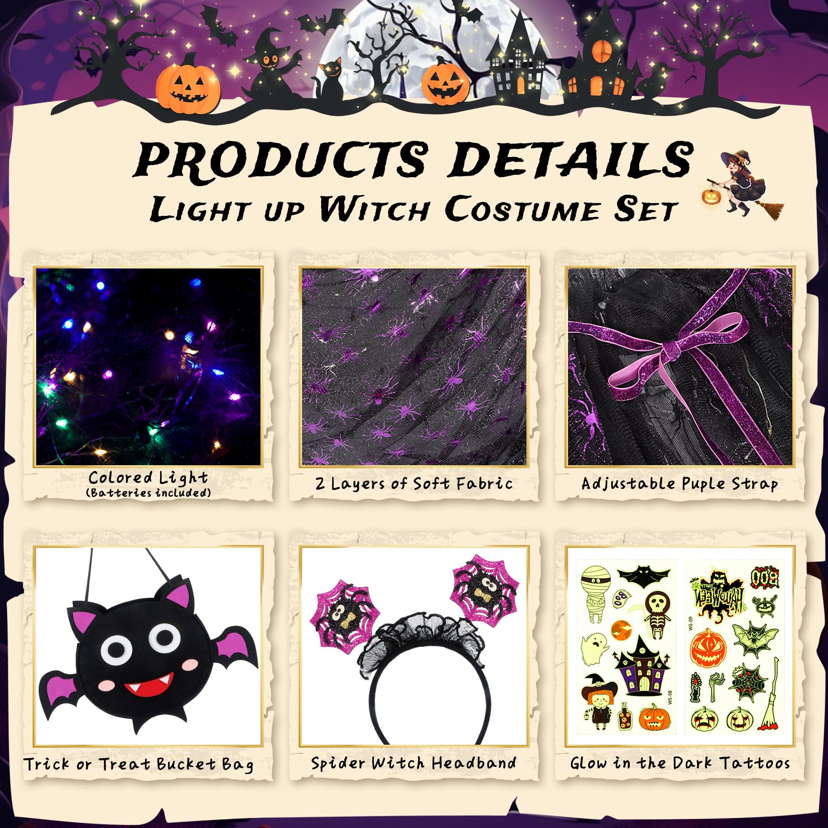 Girls Glow-in-the-Dark LED Witch Costume Set – Light-Up Cape, Tutu Skirt, Headband & Trick-or-Treat Bag (Ages 3–8)