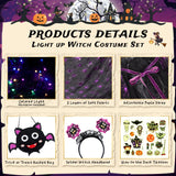 Girls Glow-in-the-Dark LED Witch Costume Set – Light-Up Cape, Tutu Skirt, Headband & Trick-or-Treat Bag (Ages 3–8)