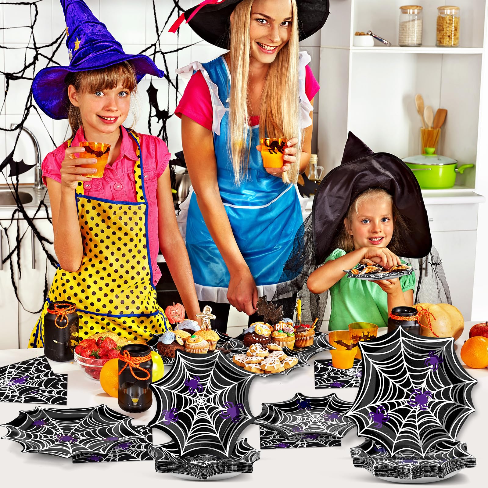 Halloween Spider Web Party Tableware Set – 96 Pcs Disposable Plates, Napkins & Forks for 24 Guests