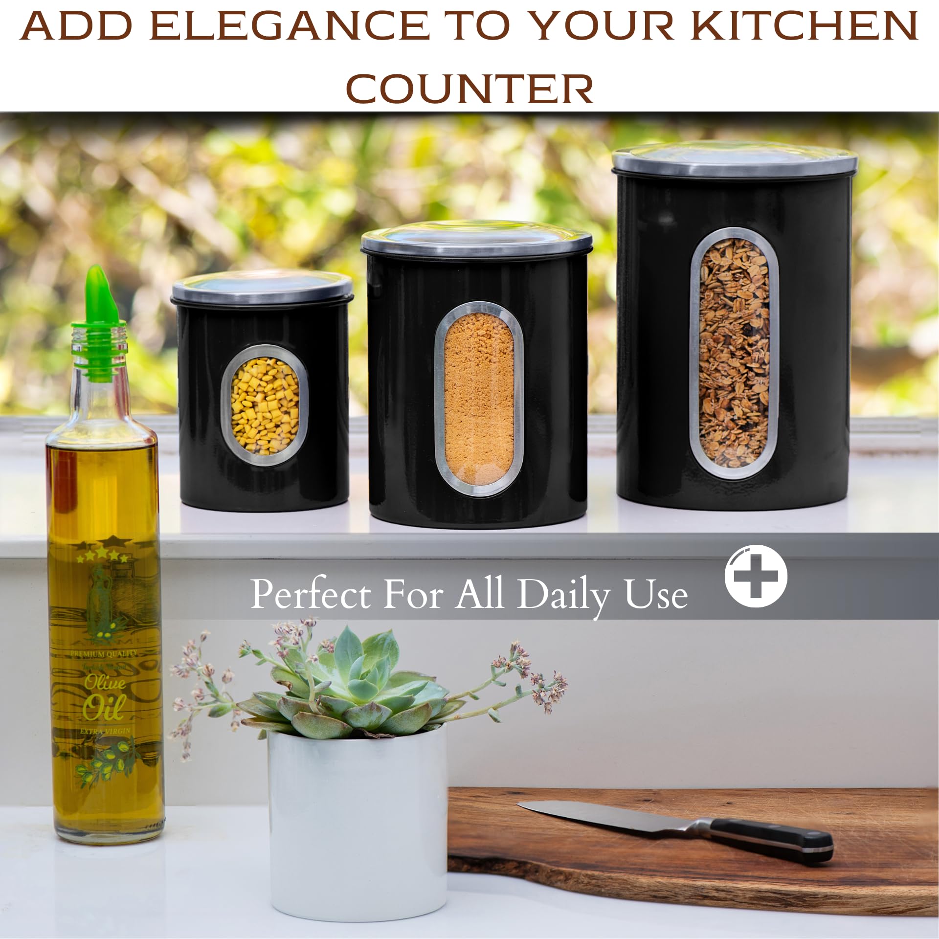 Airtight Metal Kitchen Canister Set – 3-Piece Stainless Steel Storage with Window (Black)