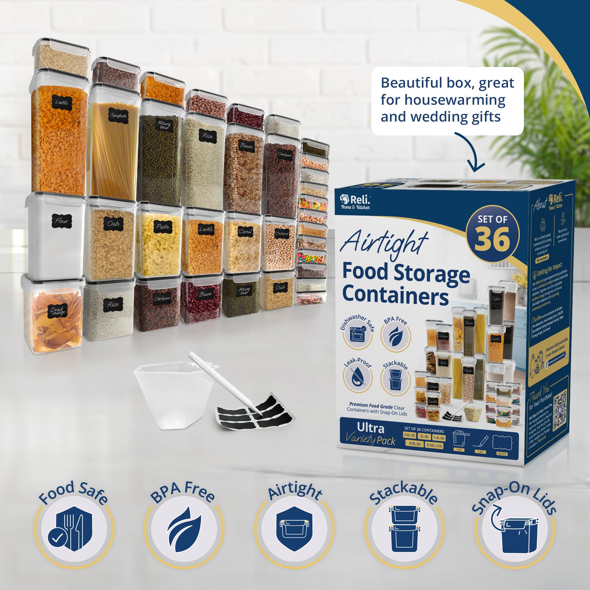 36-Piece Airtight Food Storage Containers Set – BPA-Free Leak-Proof Stackable Pantry Organization with Labels