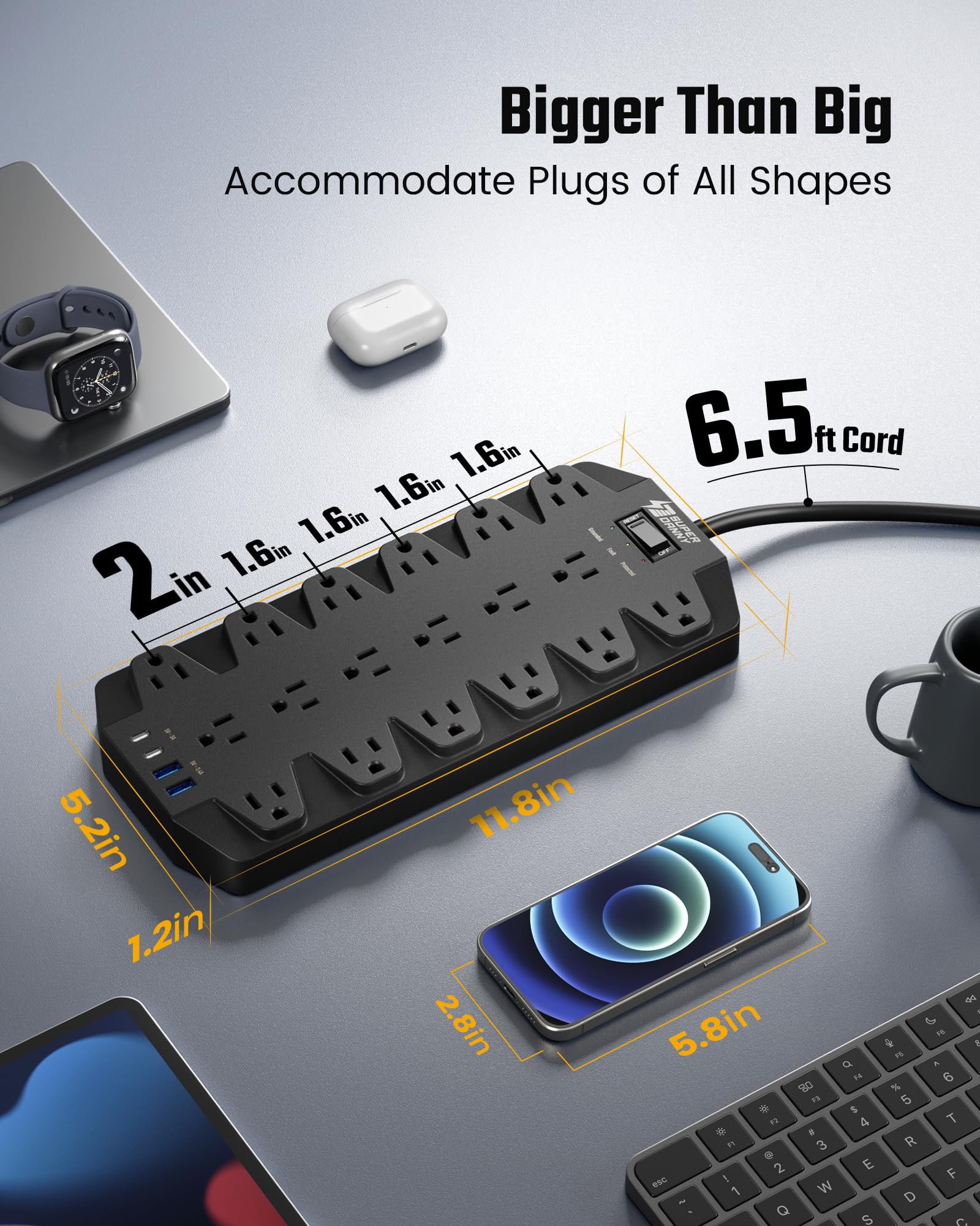 SUPERDANNY Heavy Duty Surge Protector Power Strip with 18 AC Outlets, 4 USB Ports & Flat Plug Wall Mount Extension Cord