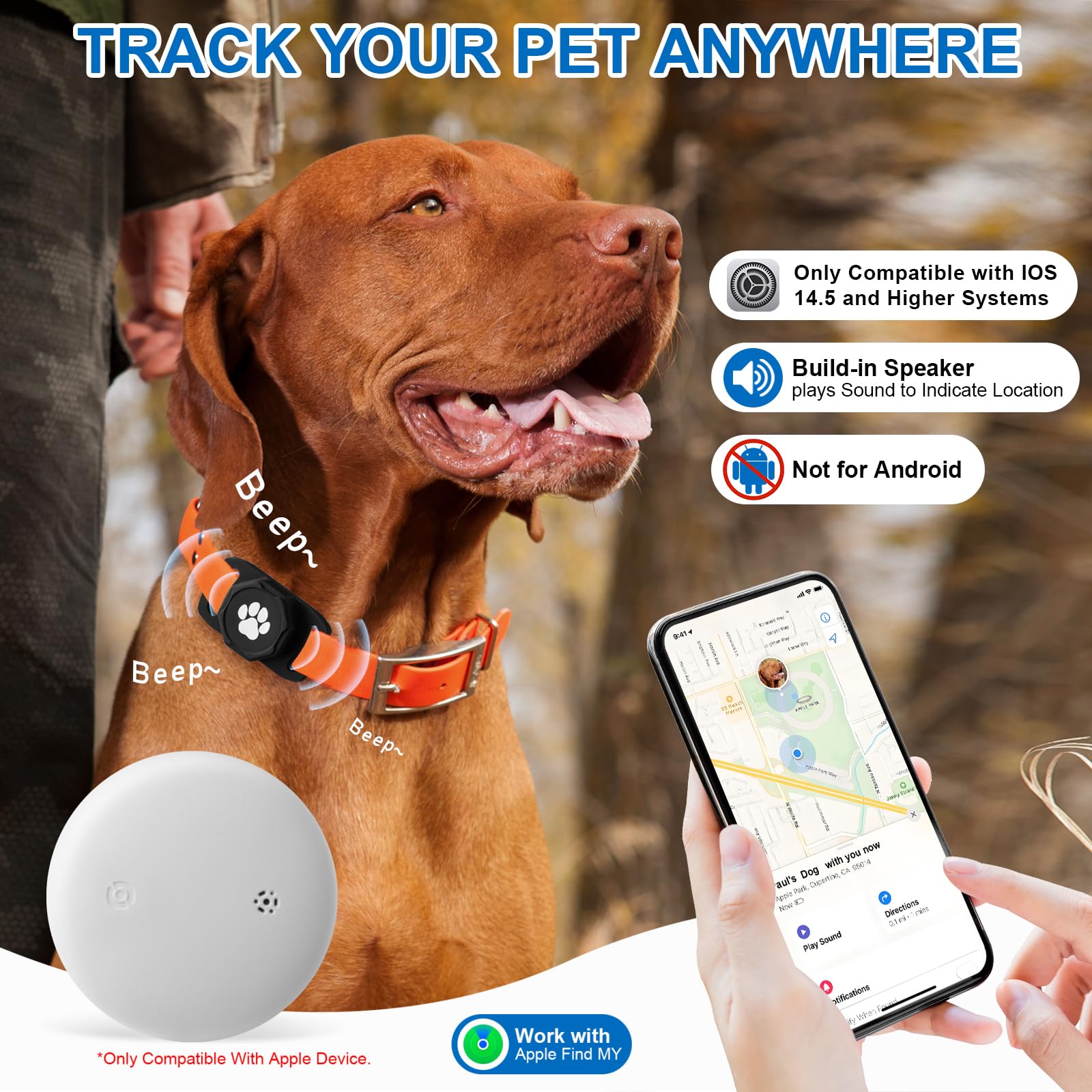 Smart Cat & Dog Tracker Compatible with Apple Find My – No Subscription Waterproof Lightweight Pet Tracking Tag