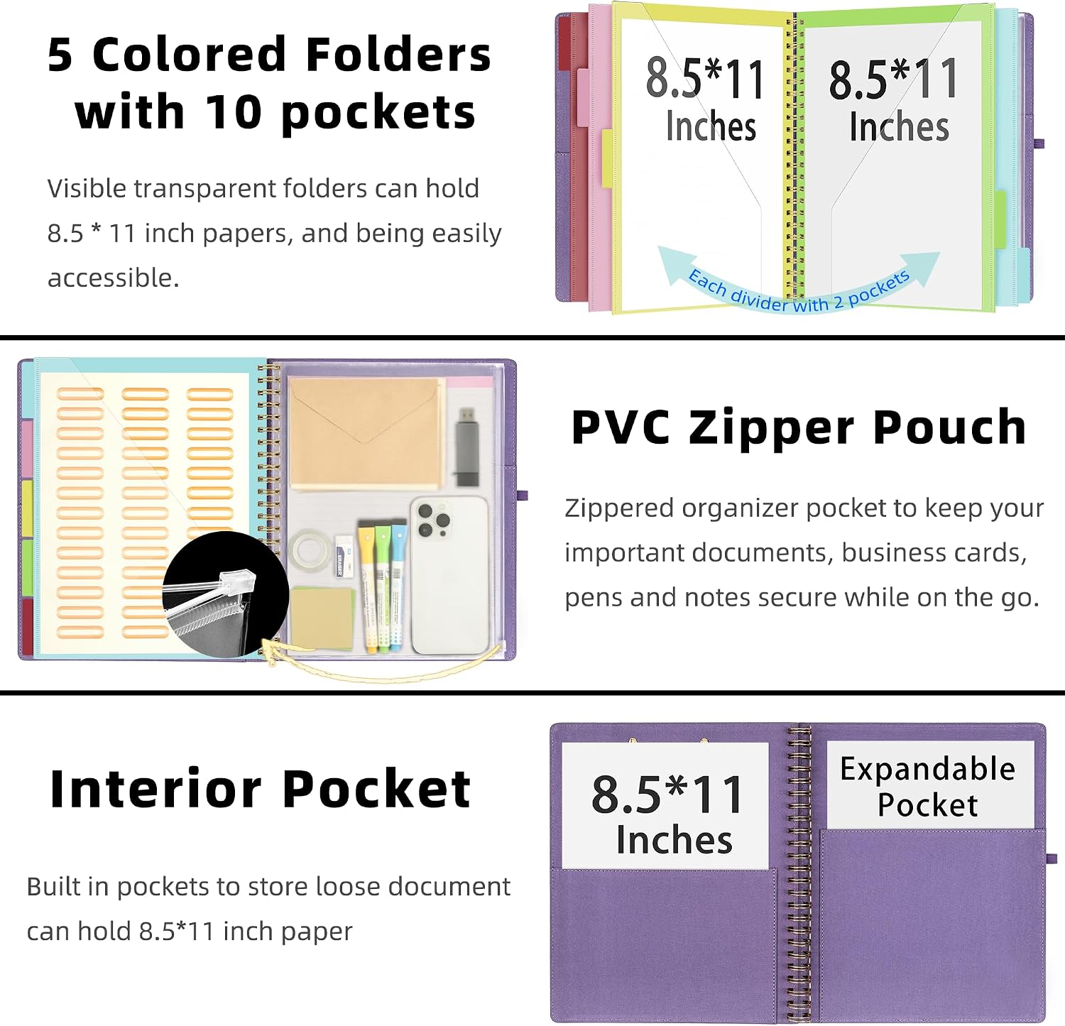 Purple Foldable Clipboard Folio with 10 Storage Pockets