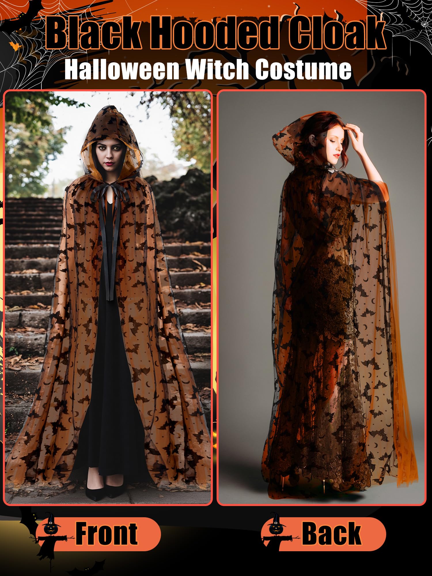 Orange Witch Lace Hooded Cape – Gothic Bat Pattern Halloween Cloak for Women
