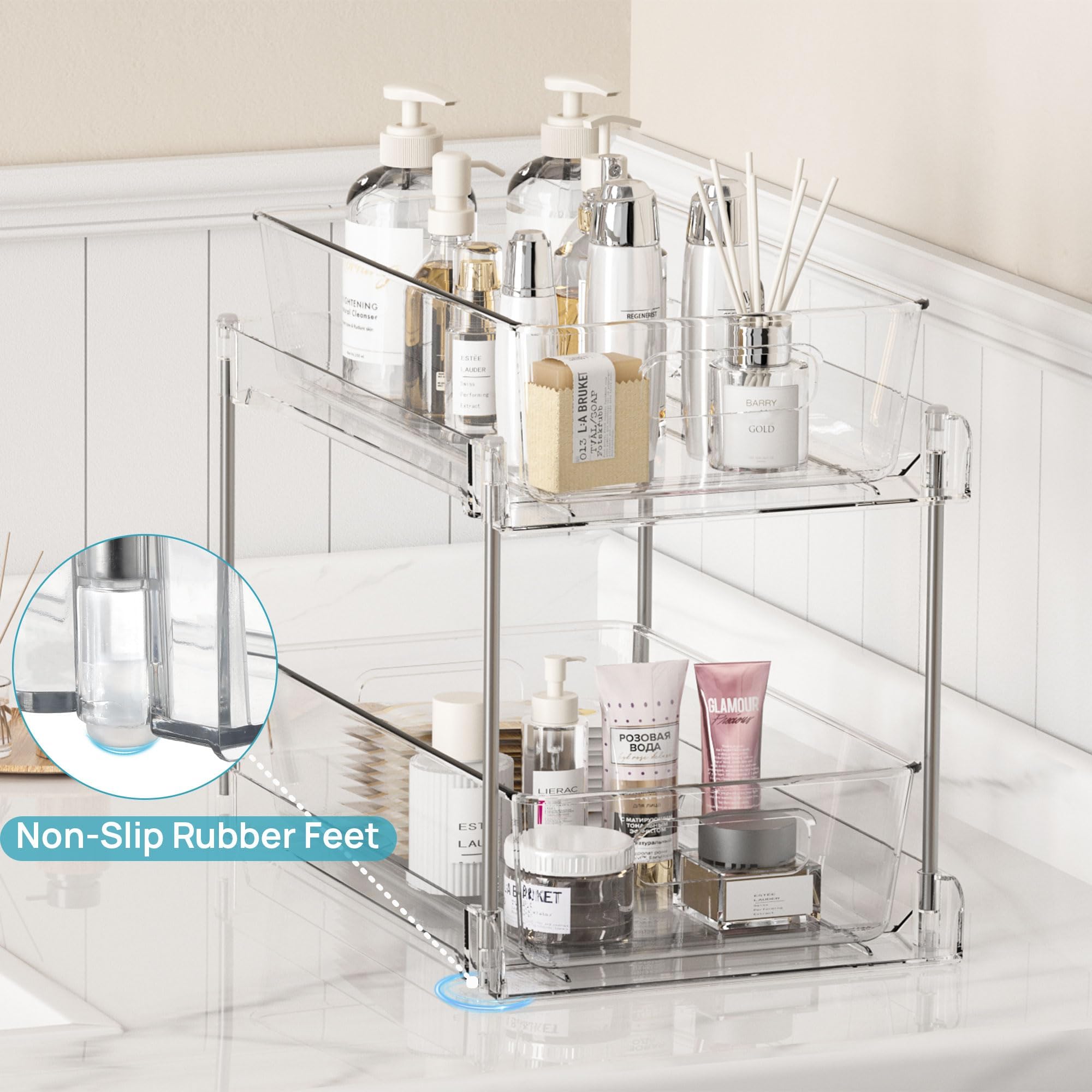 2-Tier Under Sink Organizer with Slide-Out Drawers – Clear Bathroom & Kitchen Storage Rack with Handles