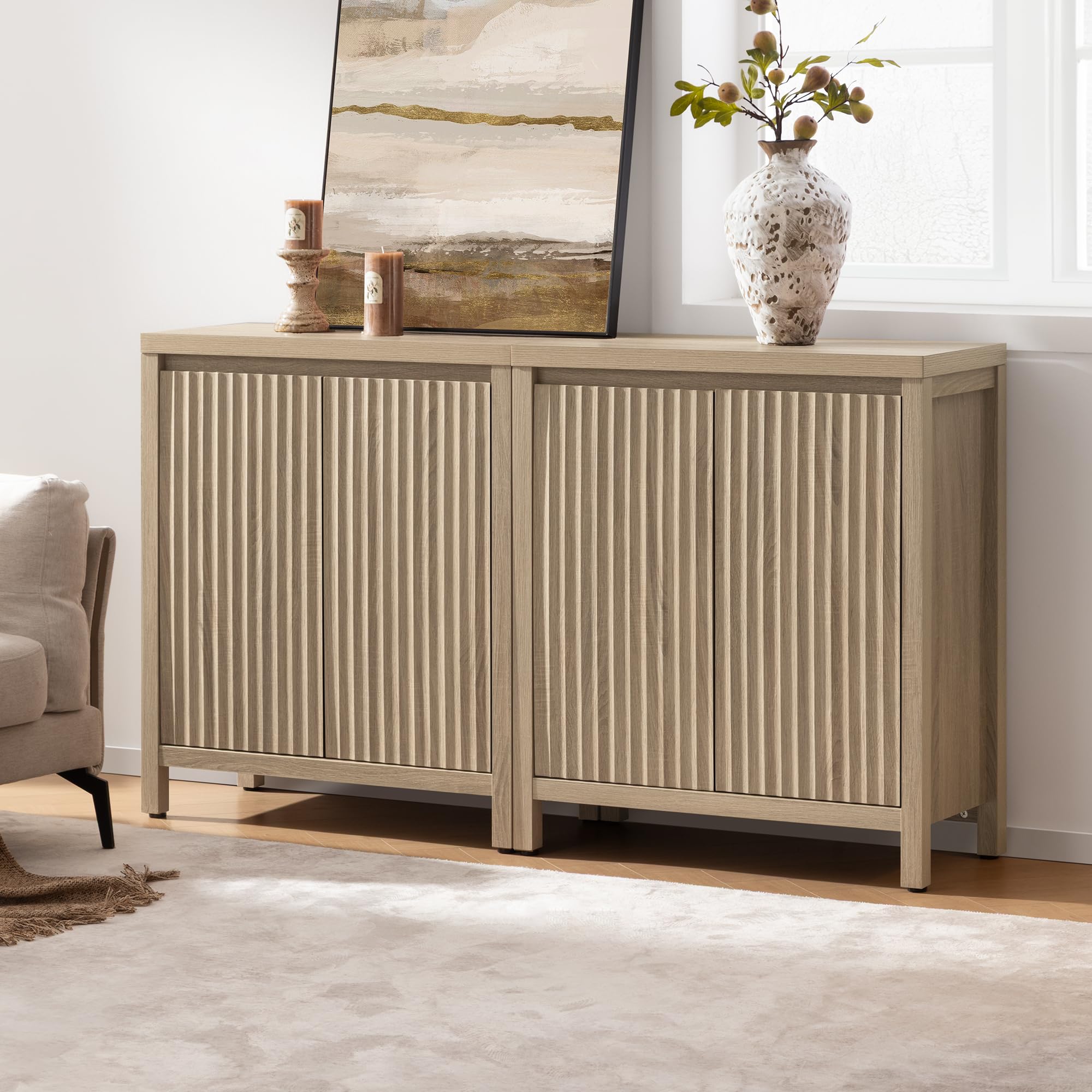 Sicotas Sideboard Buffet Cabinet with Storage – Fluted Credenza Console with Adjustable Shelves, Reclaimed Light Oak (2-Piece Set)