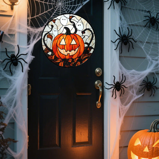 Halloween Stained Glass Suncatcher – Orange Ghost, Pumpkin & Bat Window Hanging Decoration with Chain