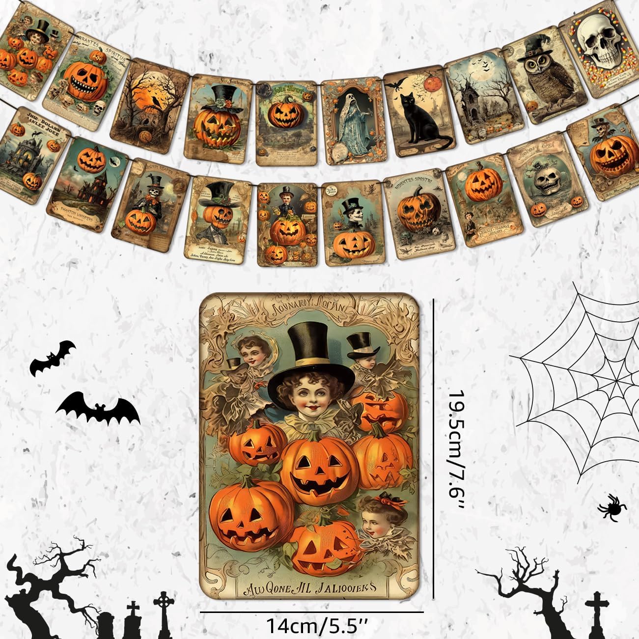 Vintage Halloween Banner – 20-Card Multicolor Garland with Retro Pumpkins, Cats & Skeleton Designs