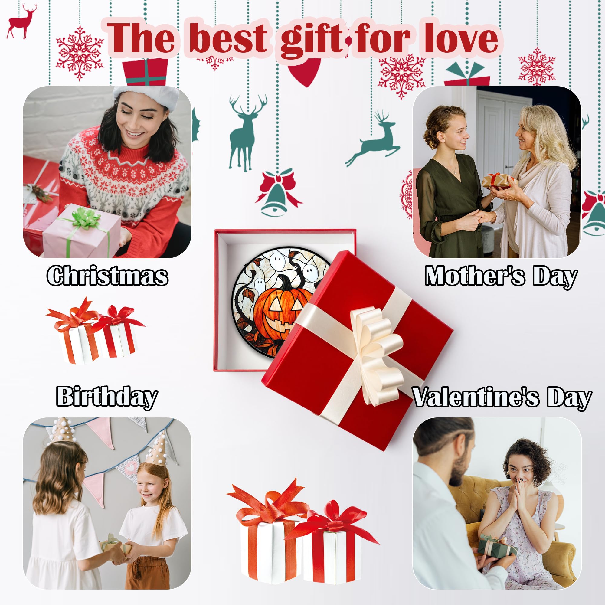 Halloween Stained Glass Suncatcher – Orange Ghost, Pumpkin & Bat Window Hanging Decoration with Chain