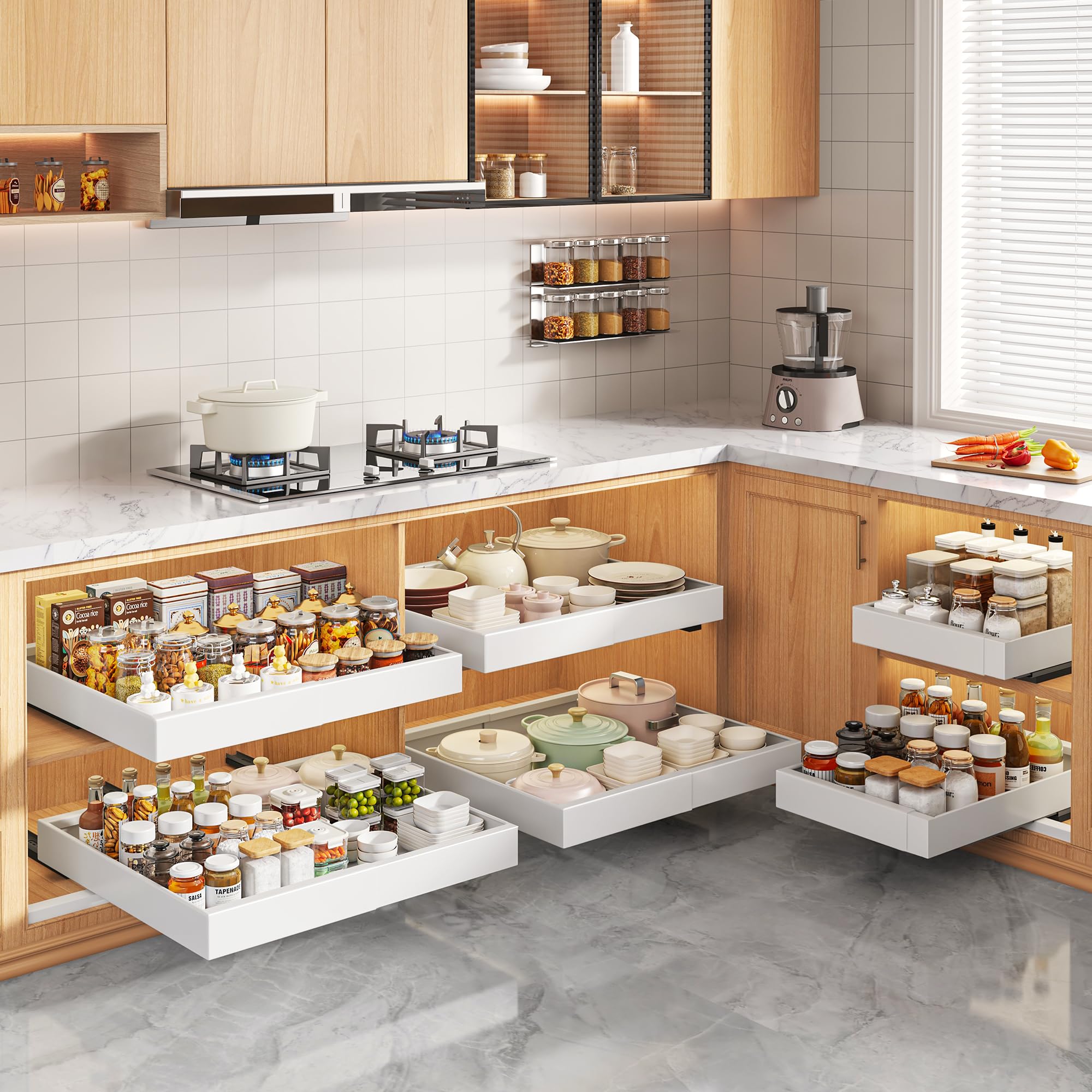 Expandable Pull-Out Cabinet Organizer – Silent 3-Rail Slide-Out Shelves with Raising Pads (White, 2-Pack)