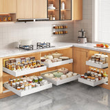 Expandable Pull-Out Cabinet Organizer – Silent 3-Rail Slide-Out Shelves with Raising Pads (White, 2-Pack)
