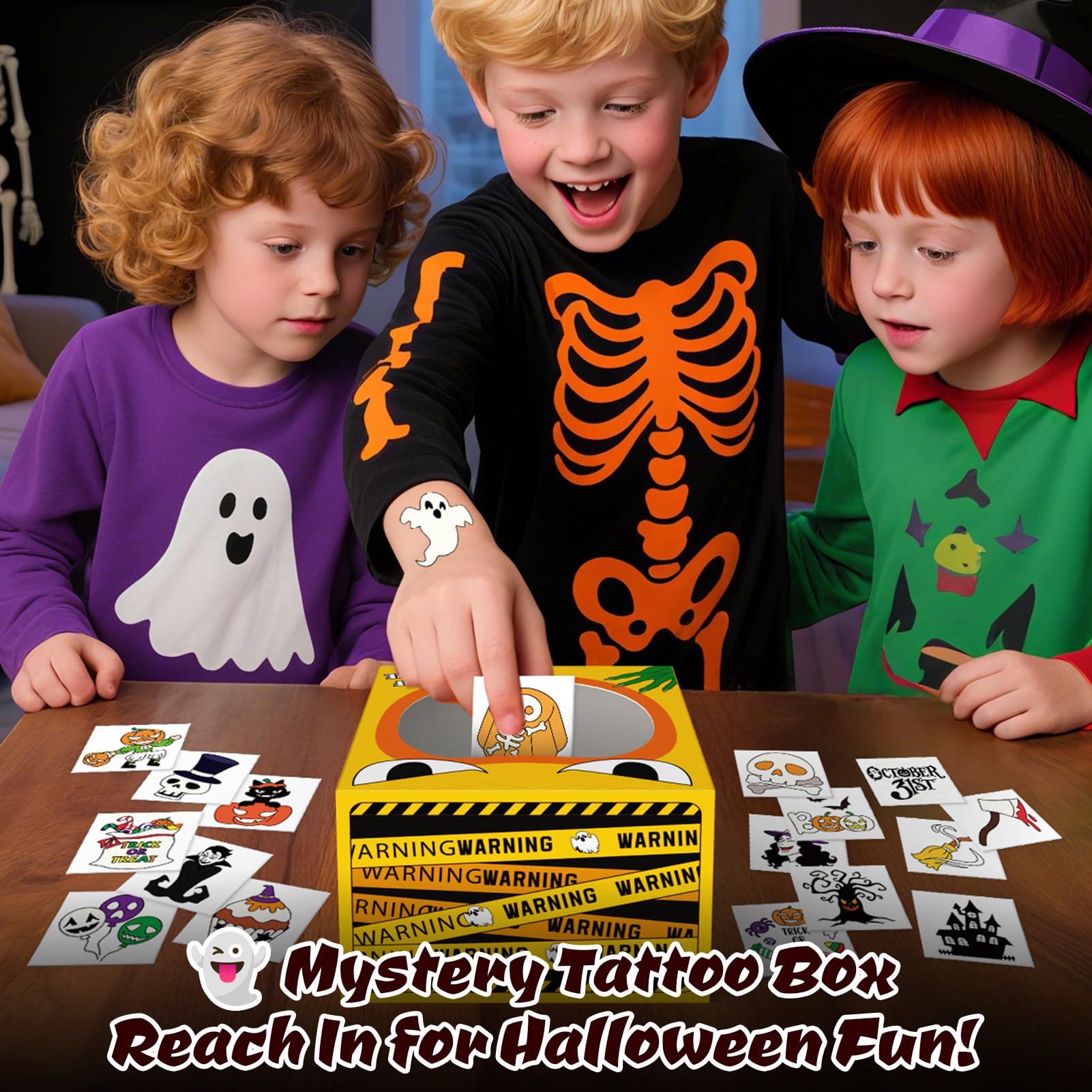 Halloween Glow Tattoos for Kids – 204 Count with Mystery Prize Box (Colorful Design)