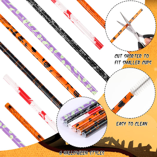 30PCS Assorted Halloween Reusable Straws – 6 Designs with Cleaning Brushes, Food-Grade Plastic for Party & Daily Drinks