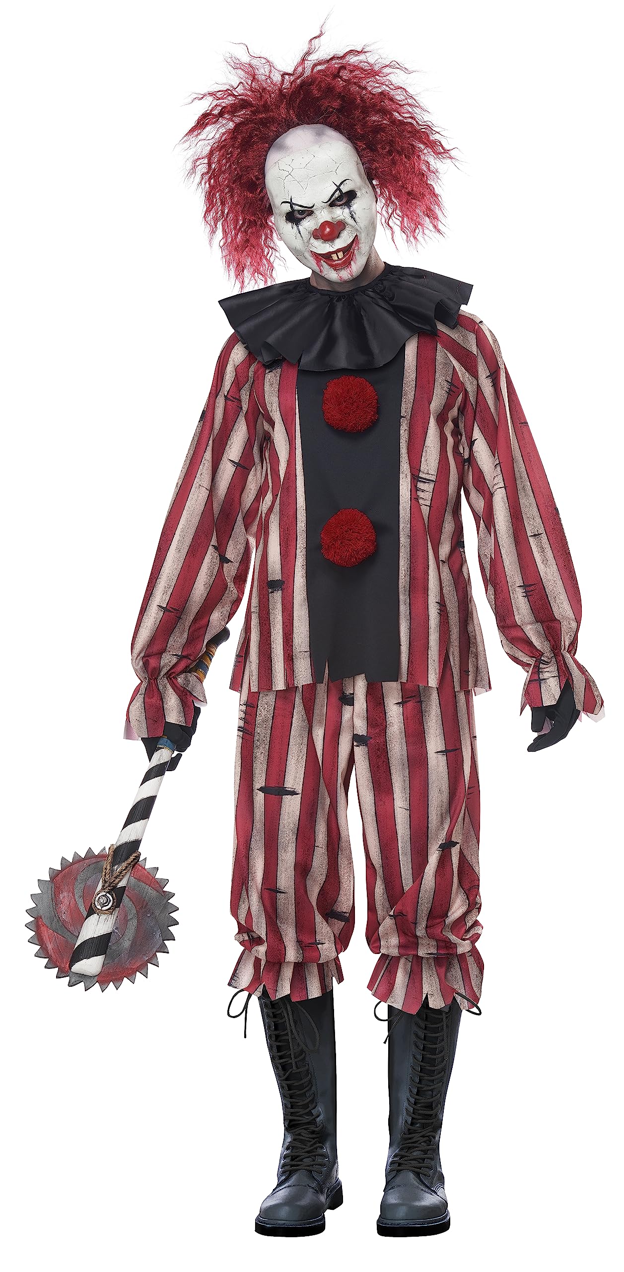 Creepy Red Clown Costume – X-Large Horror Circus Outfit with Printed Stains, Pom-Poms & Elastic Fit